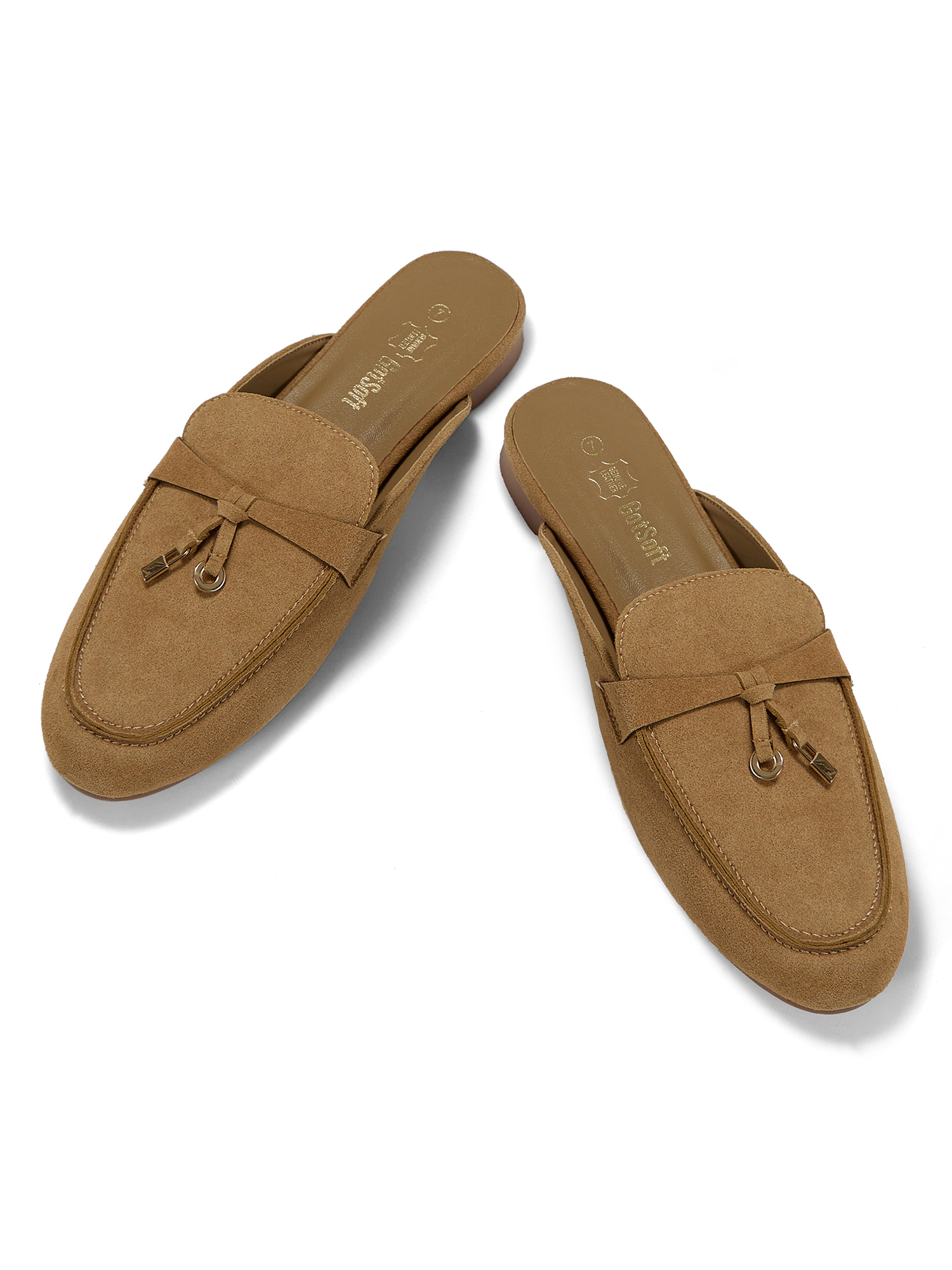 Womens Genuine Leather Flats Mules Metal Decoration Slip On Shoes Genuine Leather Flat Slides Closed Round Toe Fashion Dress Shoes for Home Office Work Go Out and Daily Wear
