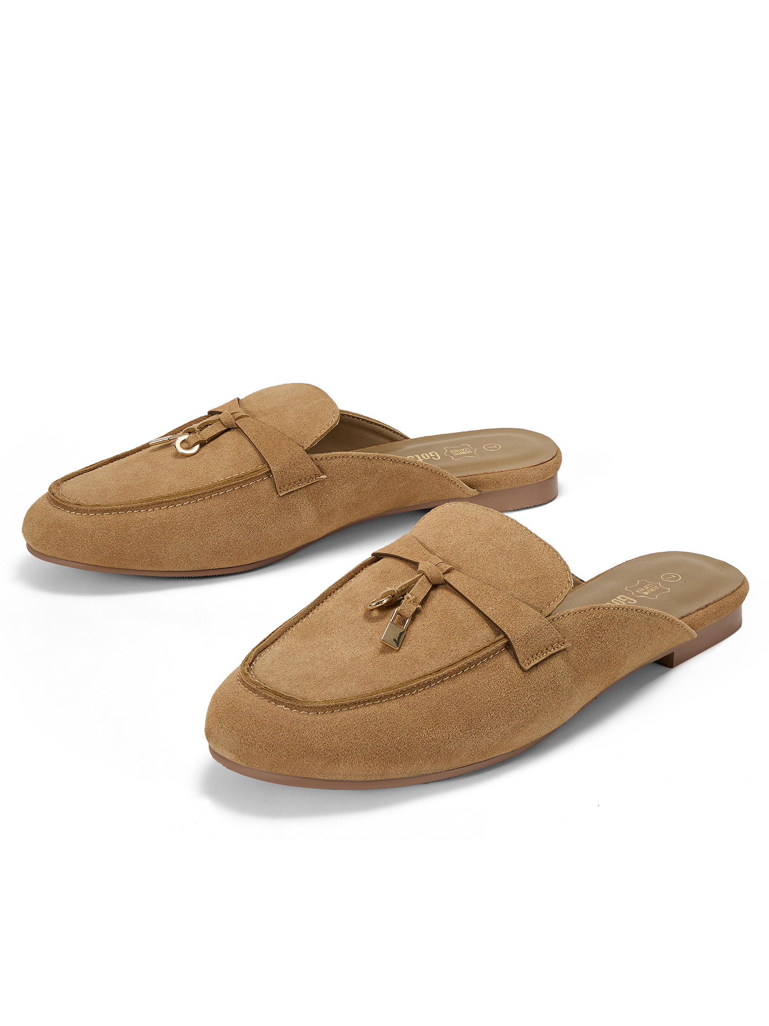 Womens Genuine Leather Flats Mules Metal Decoration Slip On Shoes Genuine Leather Flat Slides Closed Round Toe Fashion Dress Shoes for Home Office Work Go Out and Daily Wear