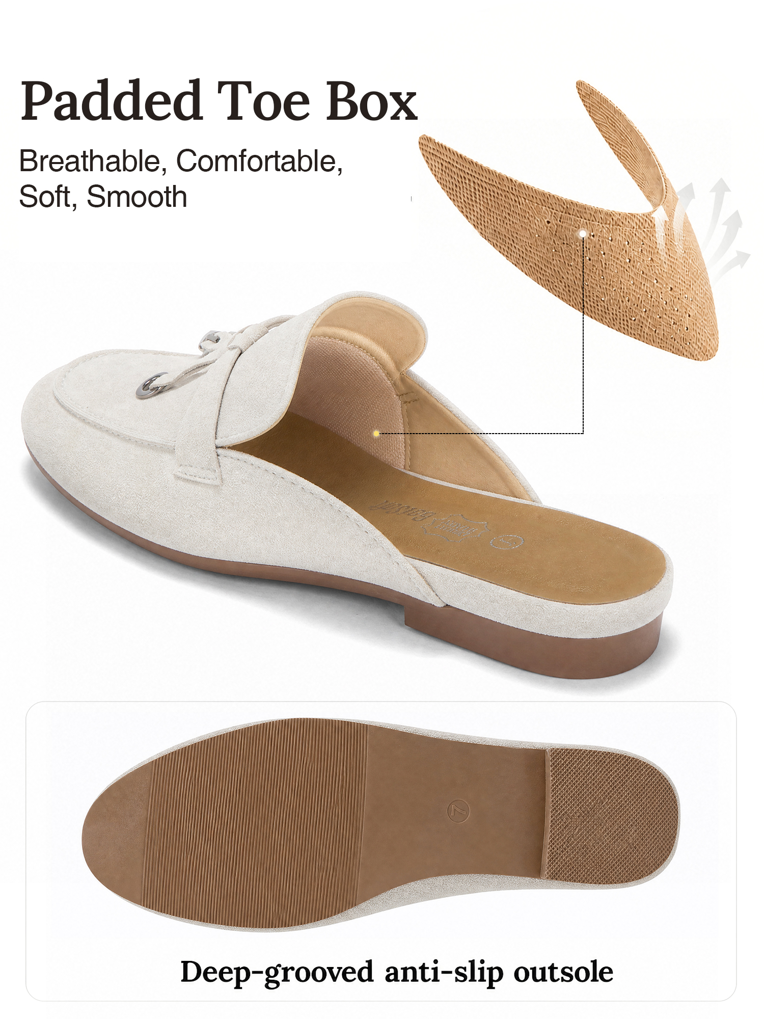 Womens Genuine Leather Flats Mules Metal Decoration Slip On Shoes Genuine Leather Flat Slides Closed Round Toe Fashion Dress Shoes for Home Office Work Go Out and Daily Wear