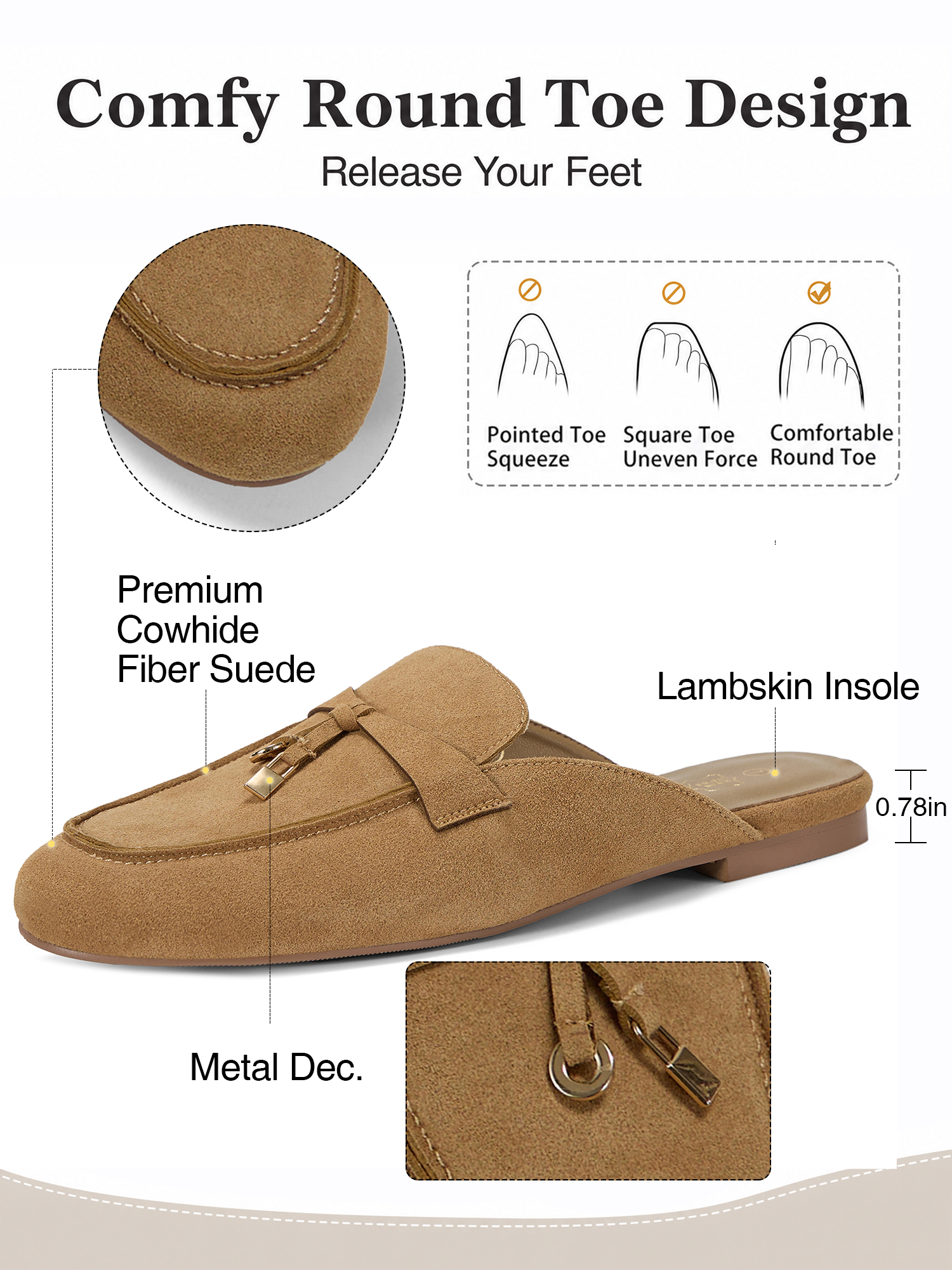 Womens Genuine Leather Flats Mules Metal Decoration Slip On Shoes Genuine Leather Flat Slides Closed Round Toe Fashion Dress Shoes for Home Office Work Go Out and Daily Wear