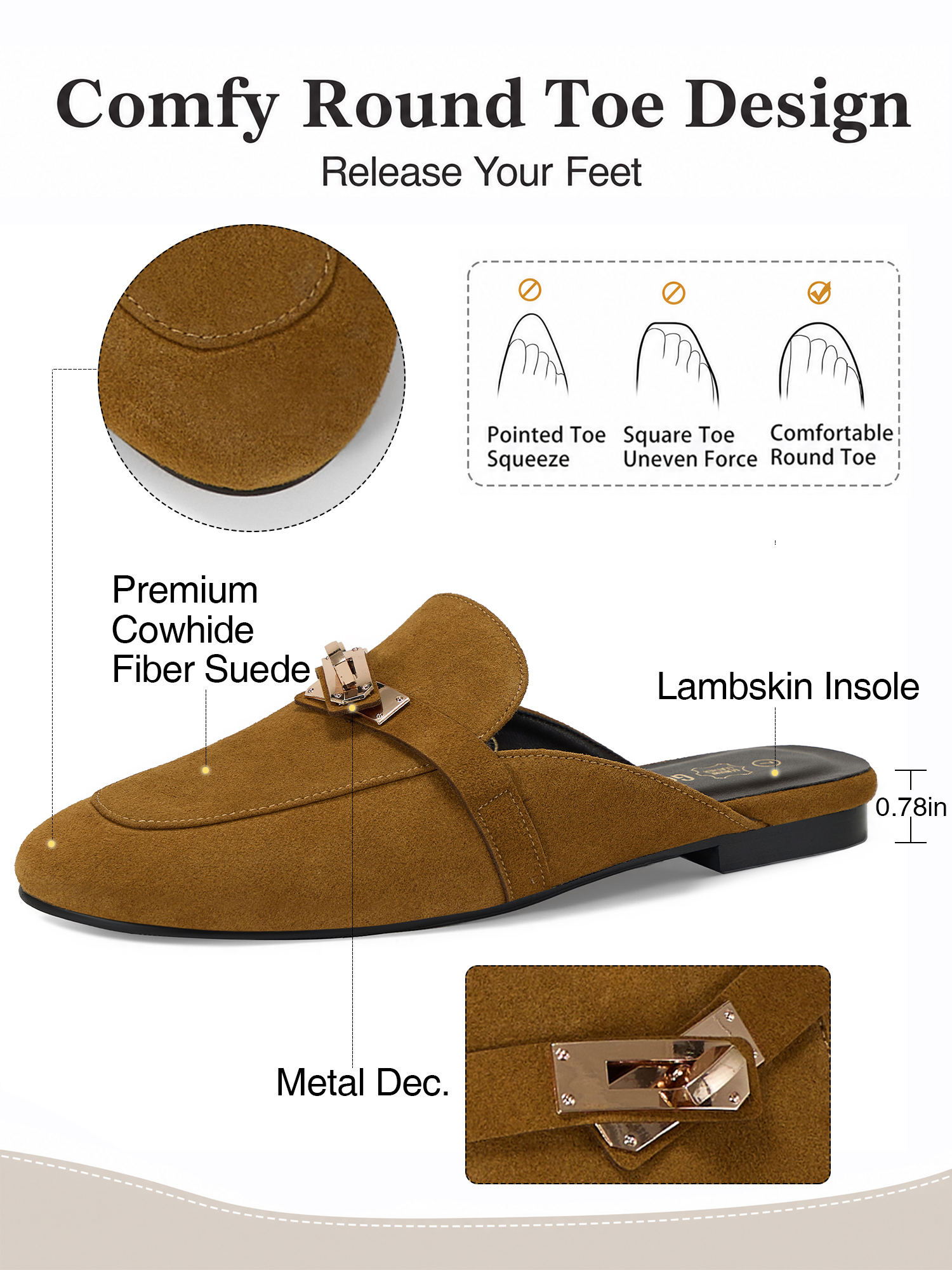 Womens Genuine Leather Mules Metal Buckle Backless Slip On Flats Chic Backless Mule Loafers with Stylish Metal Buckle, Soft Lambskin Insole, Ideal for Office, Casual Trips & Daily Wear