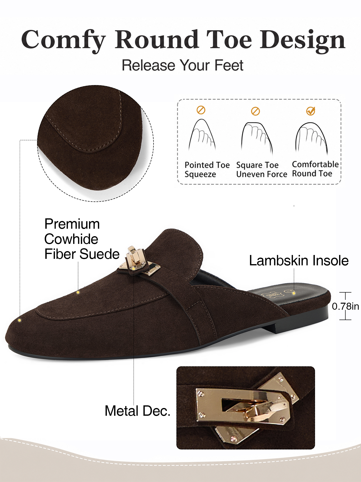Womens Genuine Leather Mules Metal Buckle Backless Slip On Flats Chic Backless Mule Loafers with Stylish Metal Buckle, Soft Lambskin Insole, Ideal for Office, Casual Trips & Daily Wear