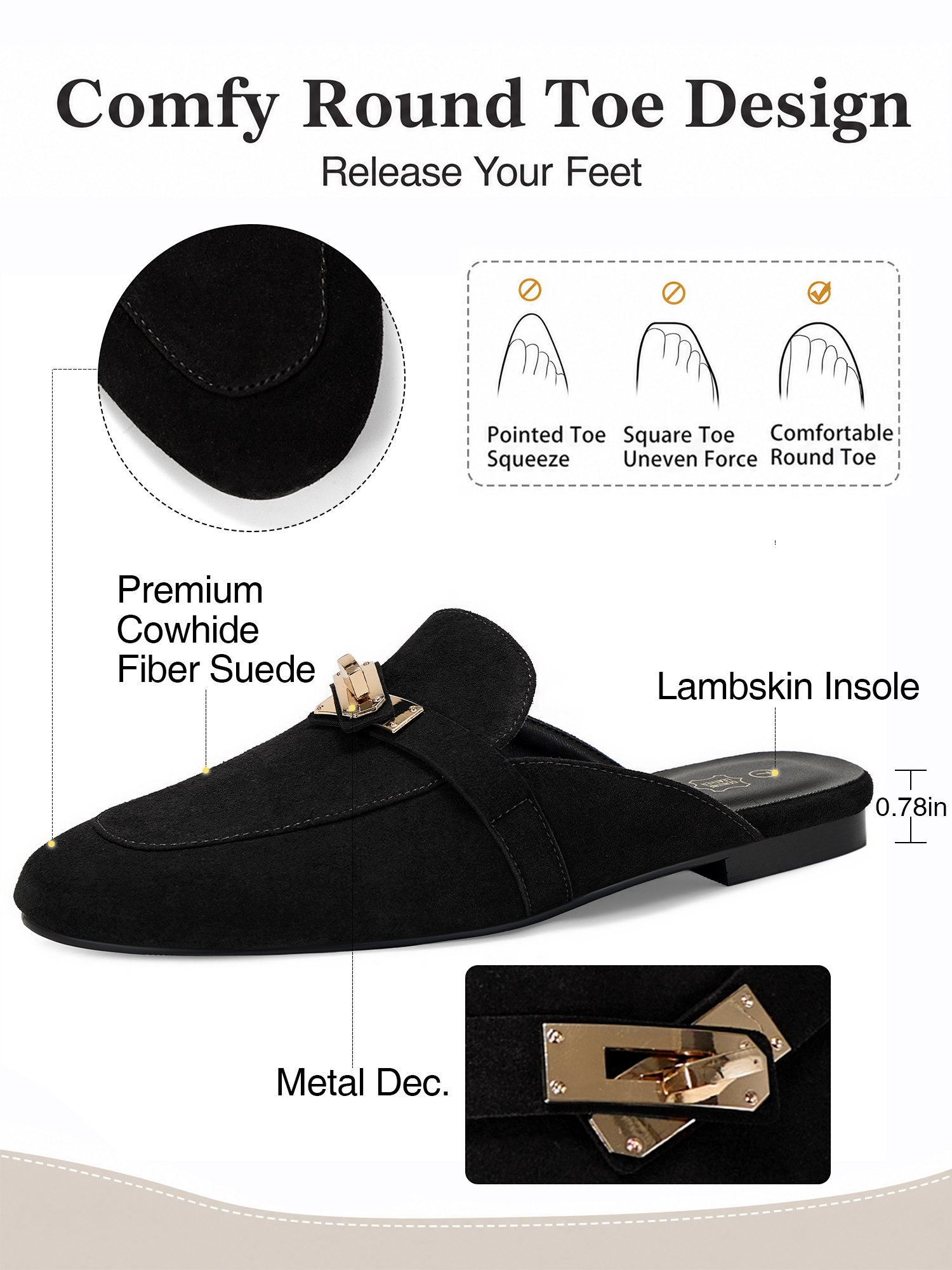 Womens Genuine Leather Mules Metal Buckle Backless Slip On Flats Chic Backless Mule Loafers with Stylish Metal Buckle, Soft Lambskin Insole, Ideal for Office, Casual Trips & Daily Wear