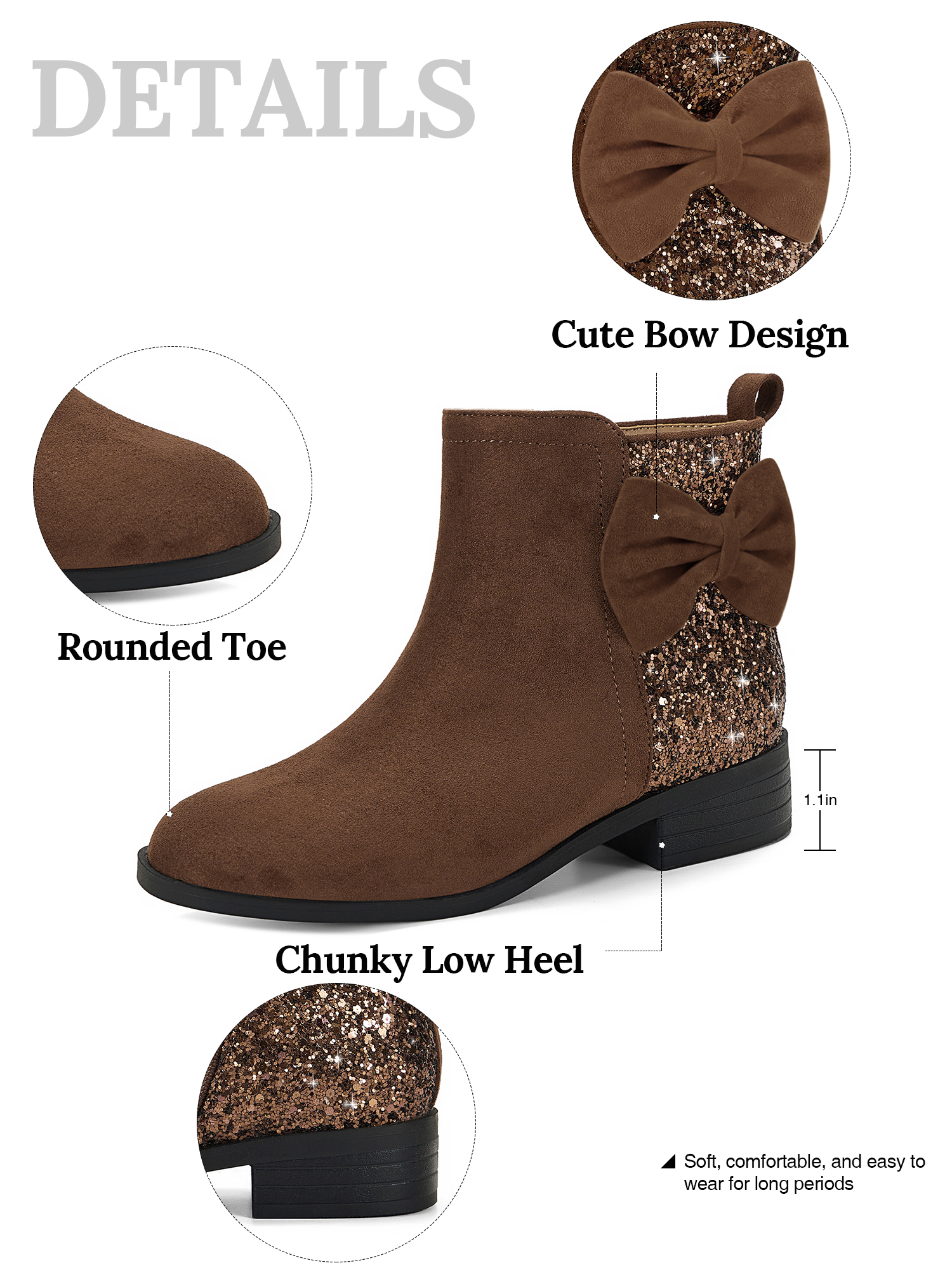 Girls Bow Glitter Ankle Boots Side Zipper Low Heel Dress Shoes | Cute Bow Knot Booties Low Chunky Heel Comfortable School Shoes for Little Big Kid