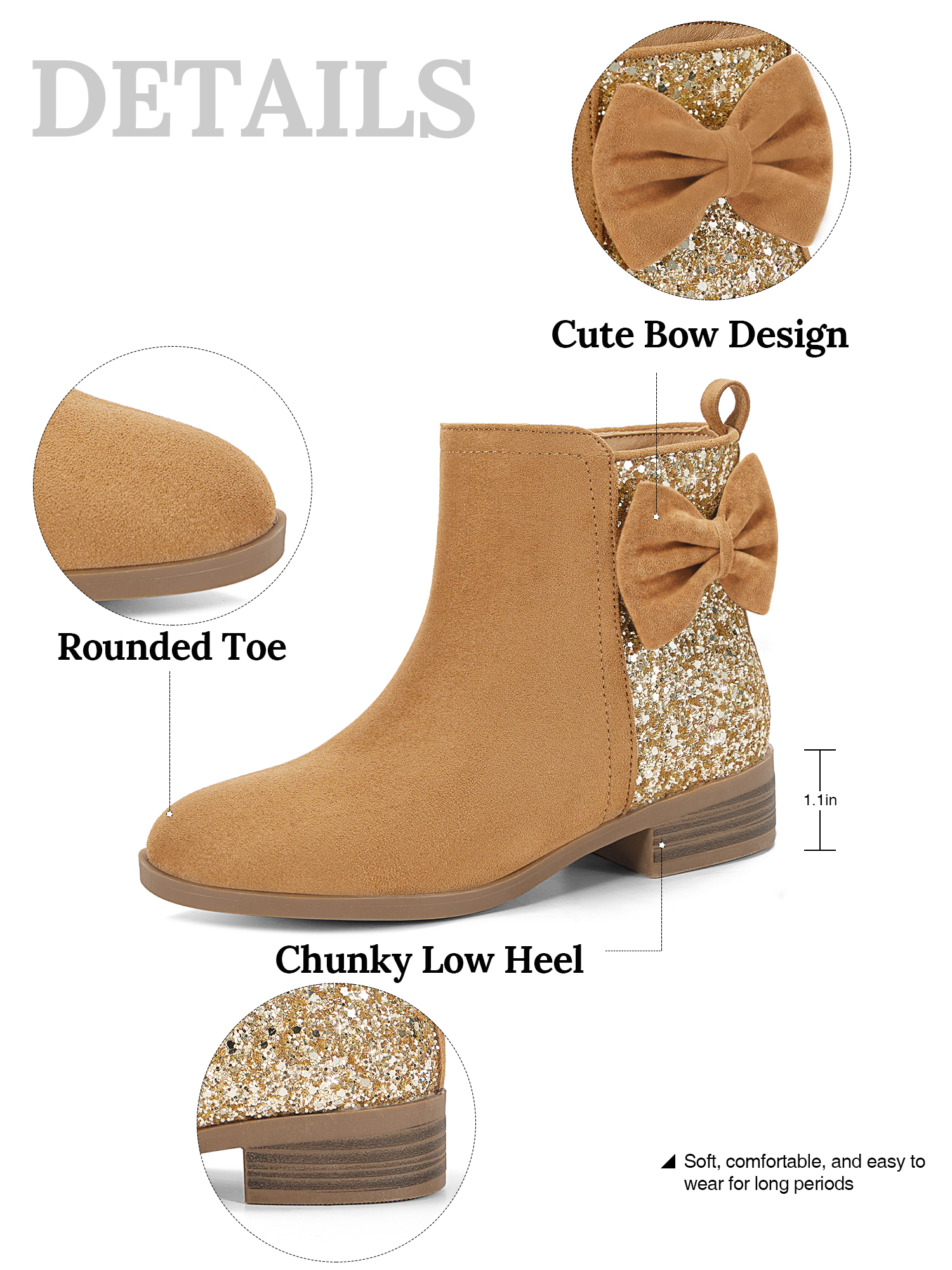 Girls Bow Glitter Ankle Boots Side Zipper Low Heel Dress Shoes | Cute Bow Knot Booties Low Chunky Heel Comfortable School Shoes for Little Big Kid