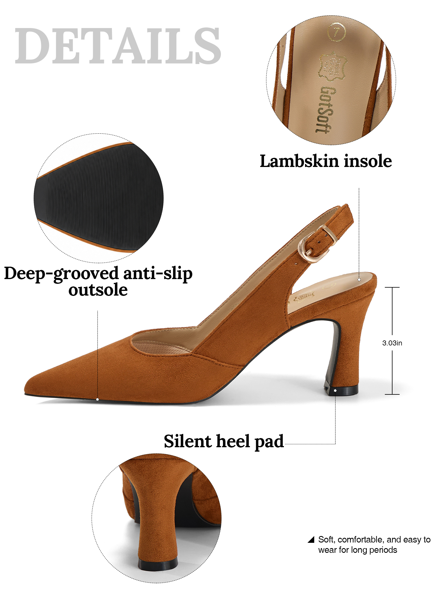 Womens Lambskin Insole High Heels Slingback Pointed Toe Pumps Classic Kitten Heels Retro Comfortable Slip on Lambskin Dress Shoes for Party Wedding Office Work and Daily Wear