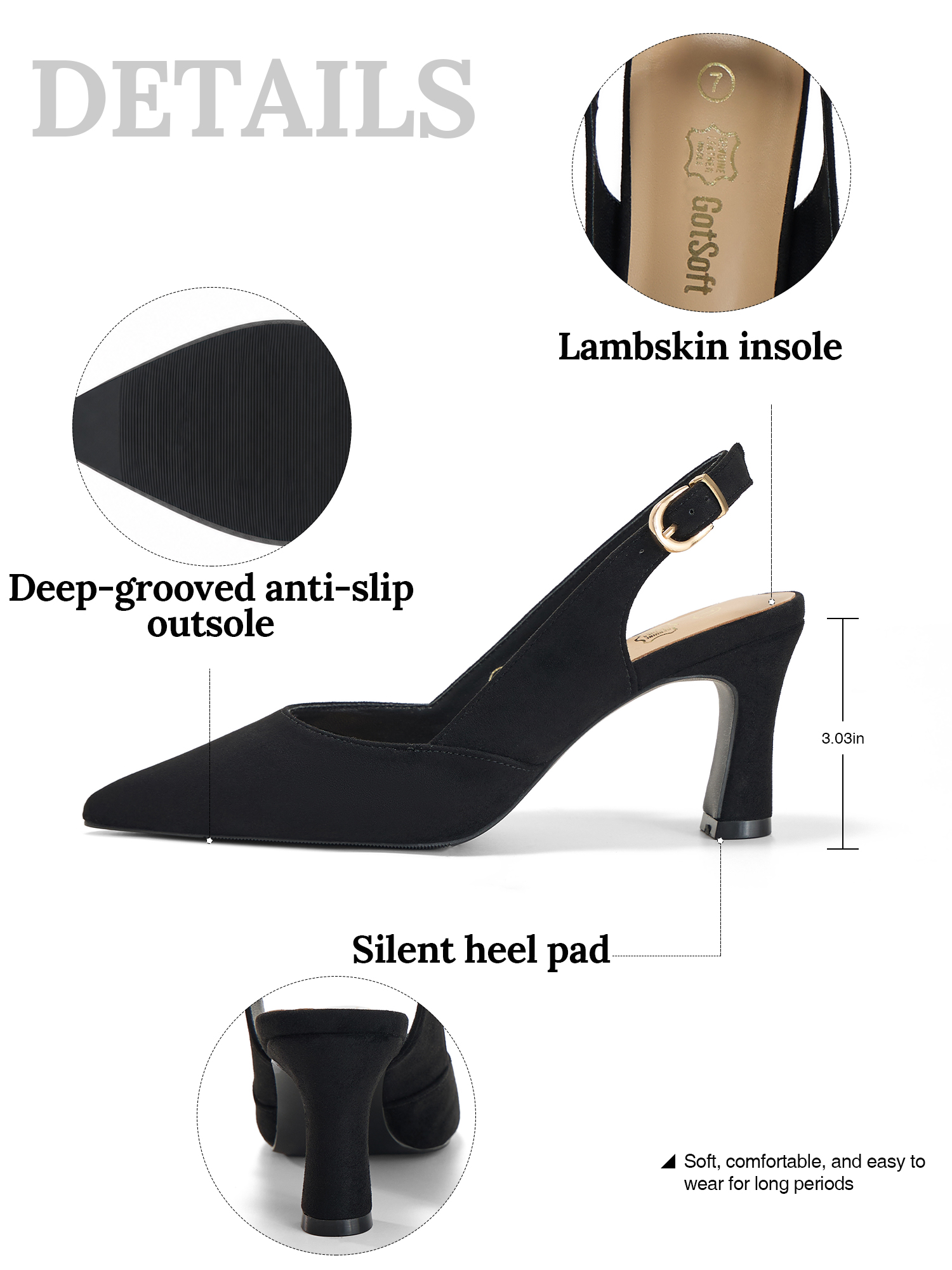 Womens Lambskin Insole High Heels Slingback Pointed Toe Pumps Classic Kitten Heels Retro Comfortable Slip on Lambskin Dress Shoes for Party Wedding Office Work and Daily Wear
