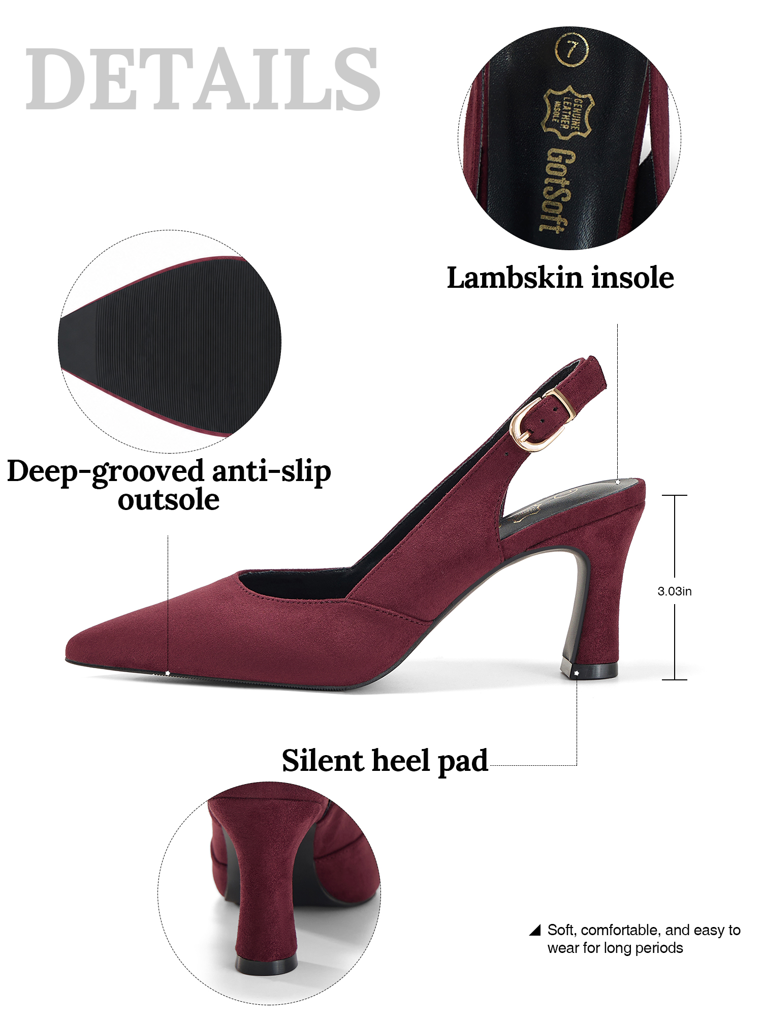 Womens Lambskin Insole High Heels Slingback Pointed Toe Pumps Classic Kitten Heels Retro Comfortable Slip on Lambskin Dress Shoes for Party Wedding Office Work and Daily Wear
