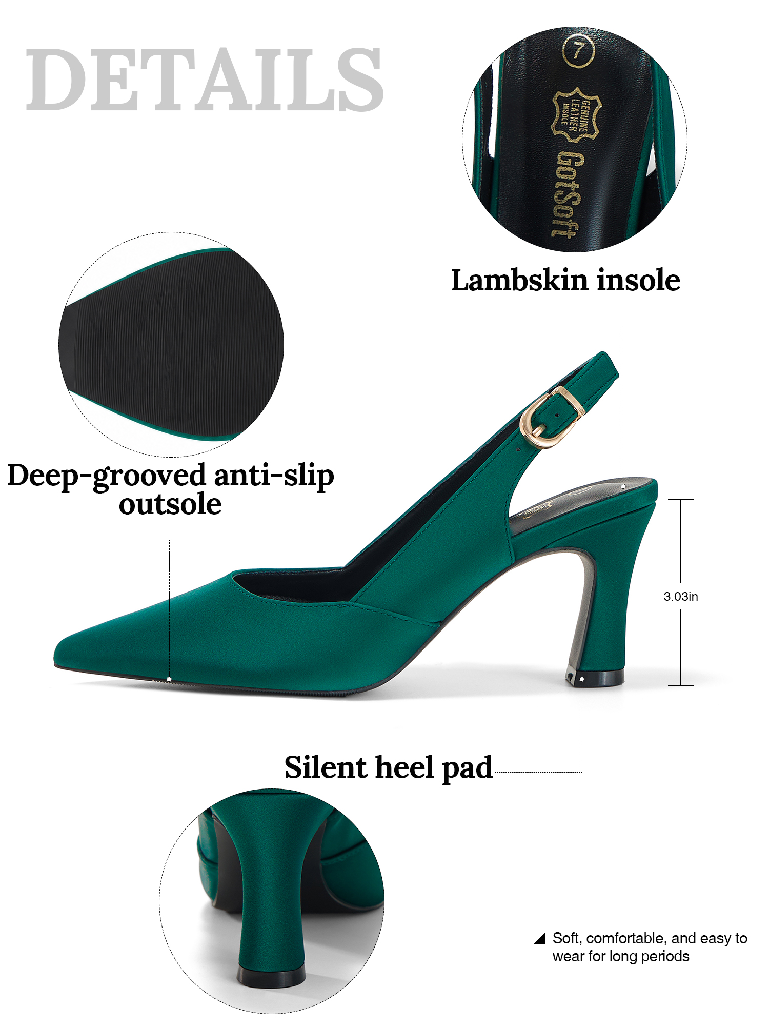 Womens Lambskin Insole High Heels Slingback Pointed Toe Pumps Classic Kitten Heels Retro Comfortable Slip on Lambskin Dress Shoes for Party Wedding Office Work and Daily Wear