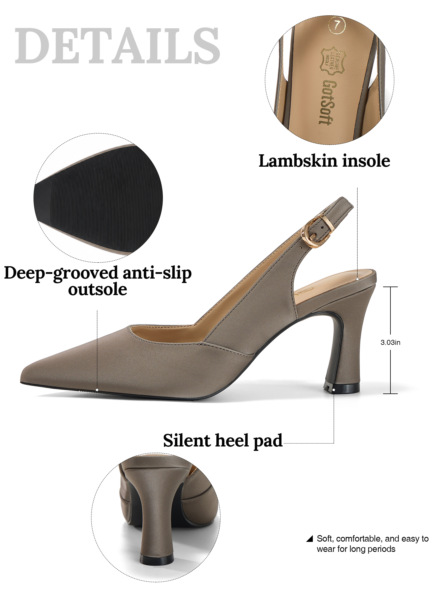 Womens Lambskin Insole High Heels Slingback Pointed Toe Pumps Classic Kitten Heels Retro Comfortable Slip on Lambskin Dress Shoes for Party Wedding Office Work and Daily Wear