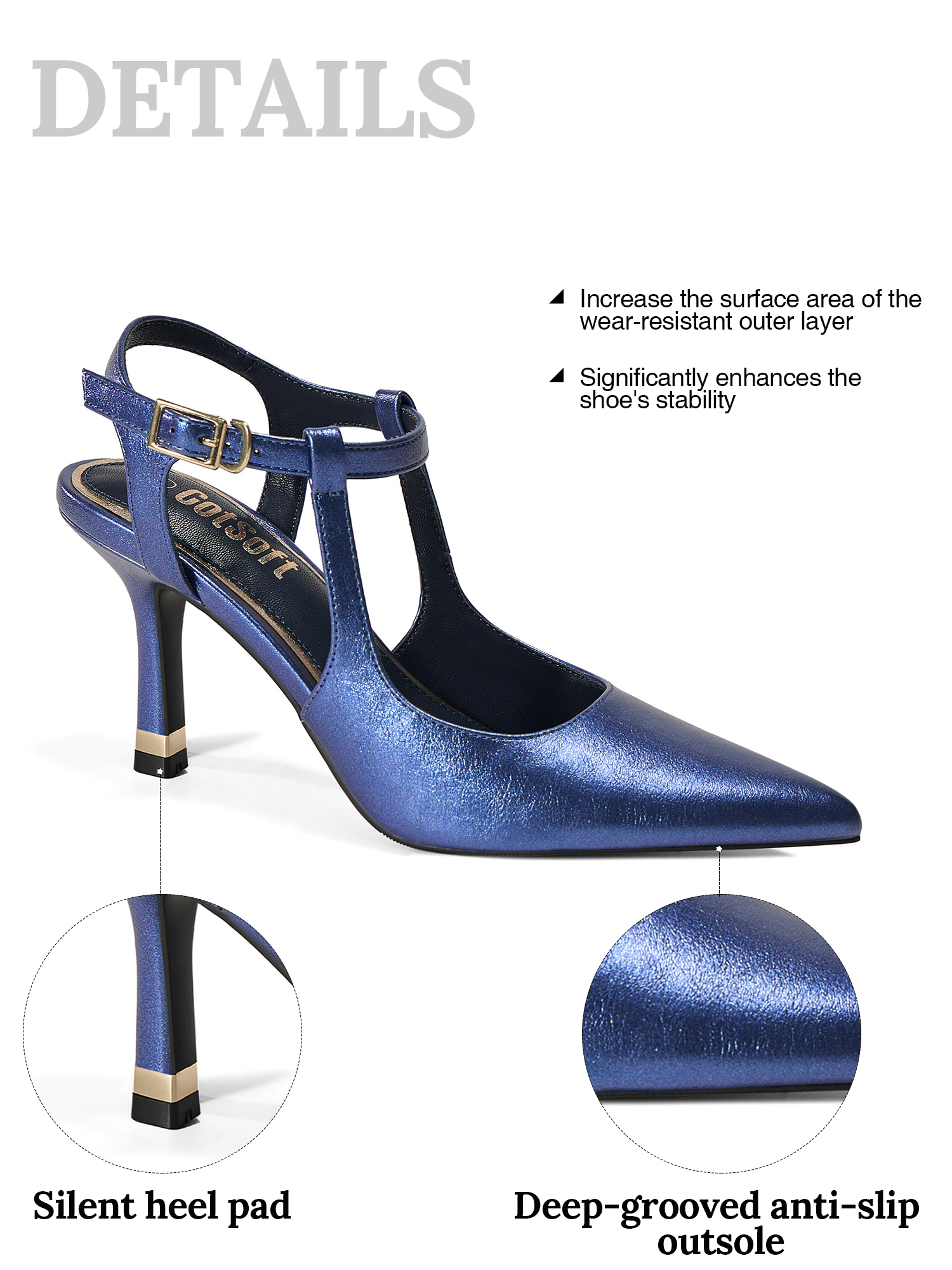 Womens Slingback Pointed Toe Pumps Ankle Buckle Strap Stiletto Dress Heels Gold heel trim, adjustable buckle ankle strap, ideal for office, weddings, dates and formal evening wear