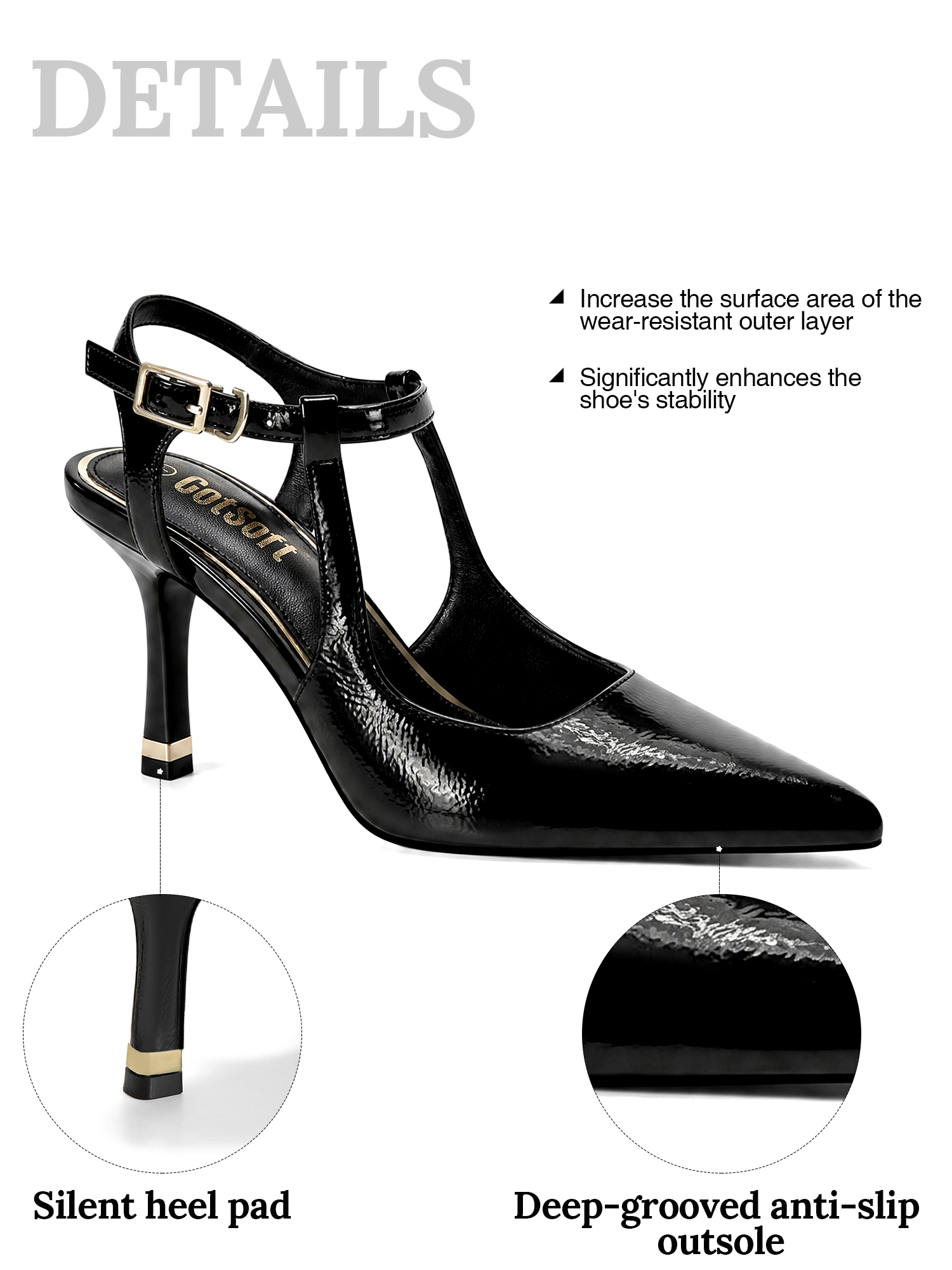 Womens Slingback Pointed Toe Pumps Ankle Buckle Strap Stiletto Dress Heels Gold heel trim, adjustable buckle ankle strap, ideal for office, weddings, dates and formal evening wear