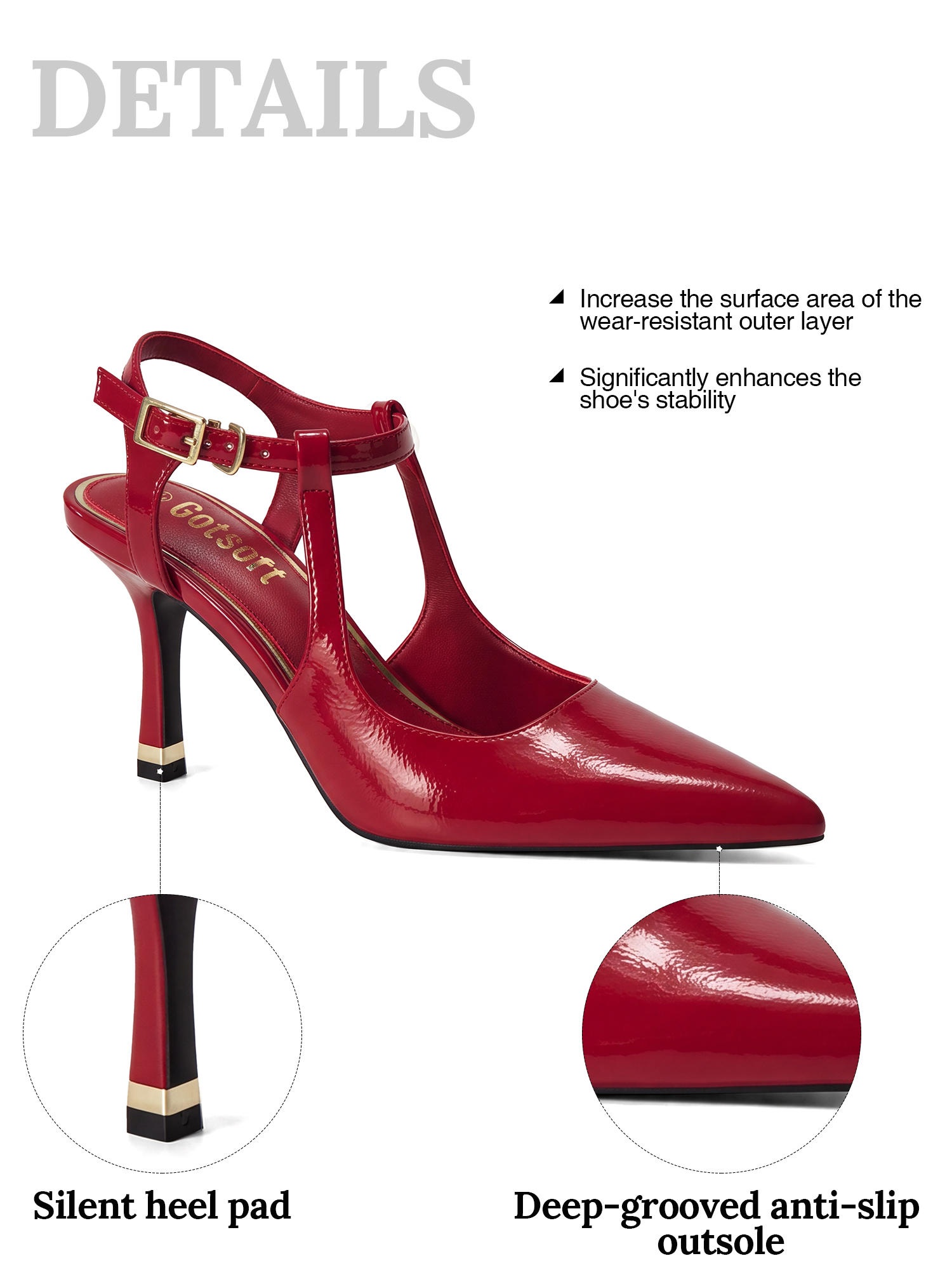 Womens Slingback Pointed Toe Pumps Ankle Buckle Strap Stiletto Dress Heels Gold heel trim, adjustable buckle ankle strap, ideal for office, weddings, dates and formal evening wear