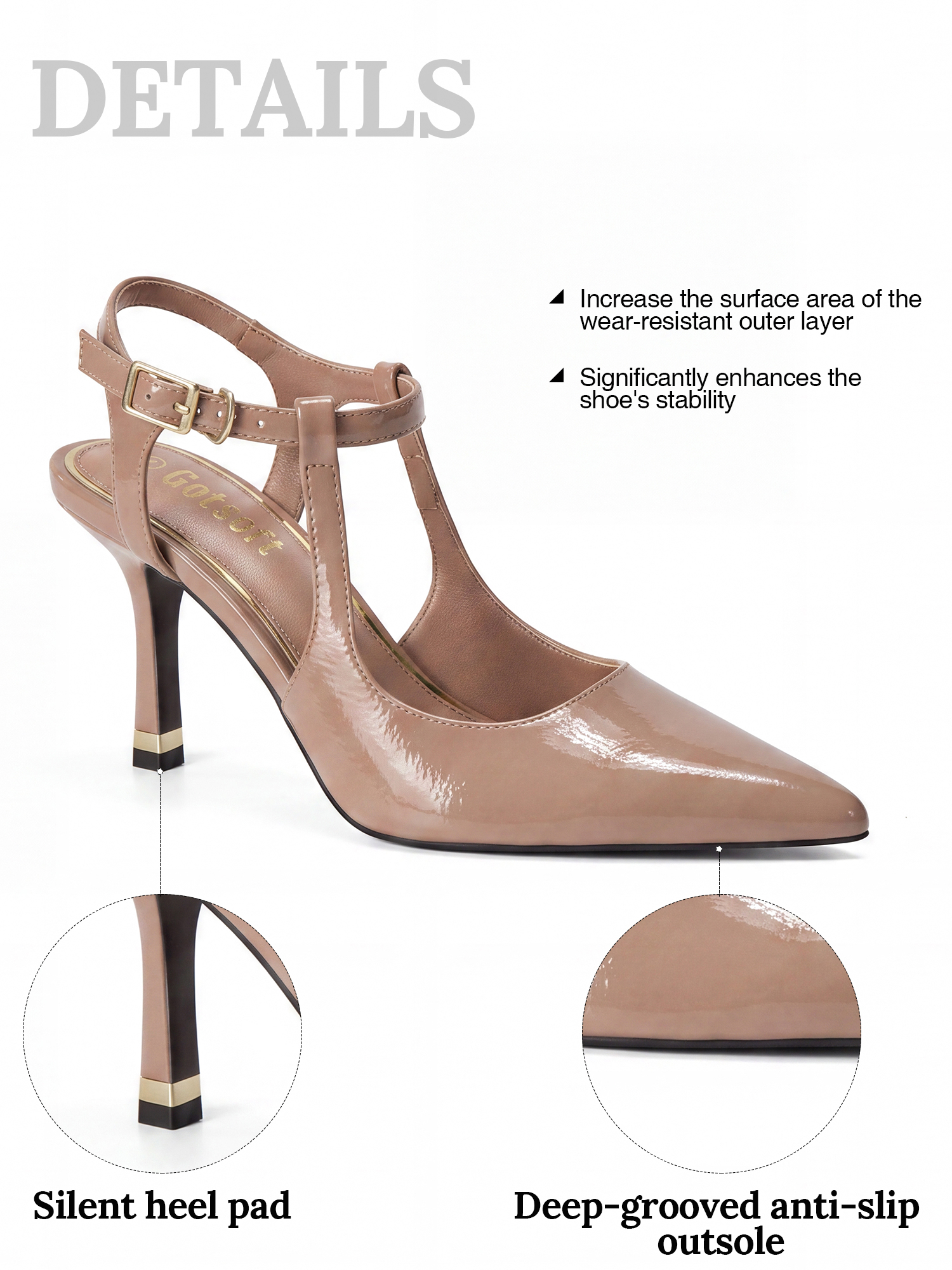 Womens Slingback Pointed Toe Pumps Ankle Buckle Strap Stiletto Dress Heels Gold heel trim, adjustable buckle ankle strap, ideal for office, weddings, dates and formal evening wear