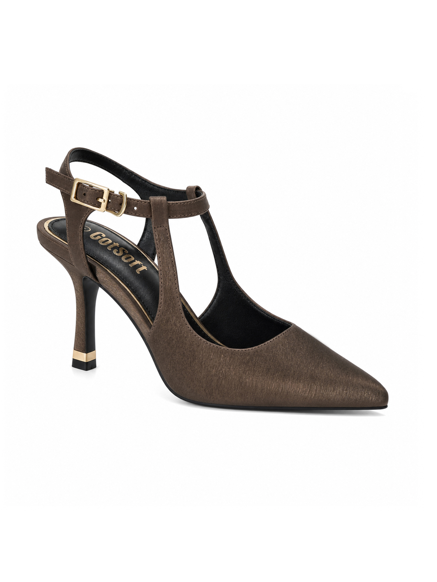 Womens Slingback Pointed Toe Pumps Ankle Buckle Strap Stiletto Dress Heels Gold heel trim, adjustable buckle ankle strap, ideal for office, weddings, dates and formal evening wear