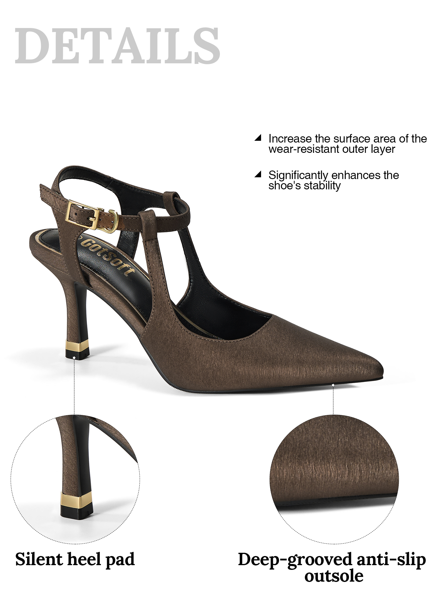 Womens Slingback Pointed Toe Pumps Ankle Buckle Strap Stiletto Dress Heels Gold heel trim, adjustable buckle ankle strap, ideal for office, weddings, dates and formal evening wear