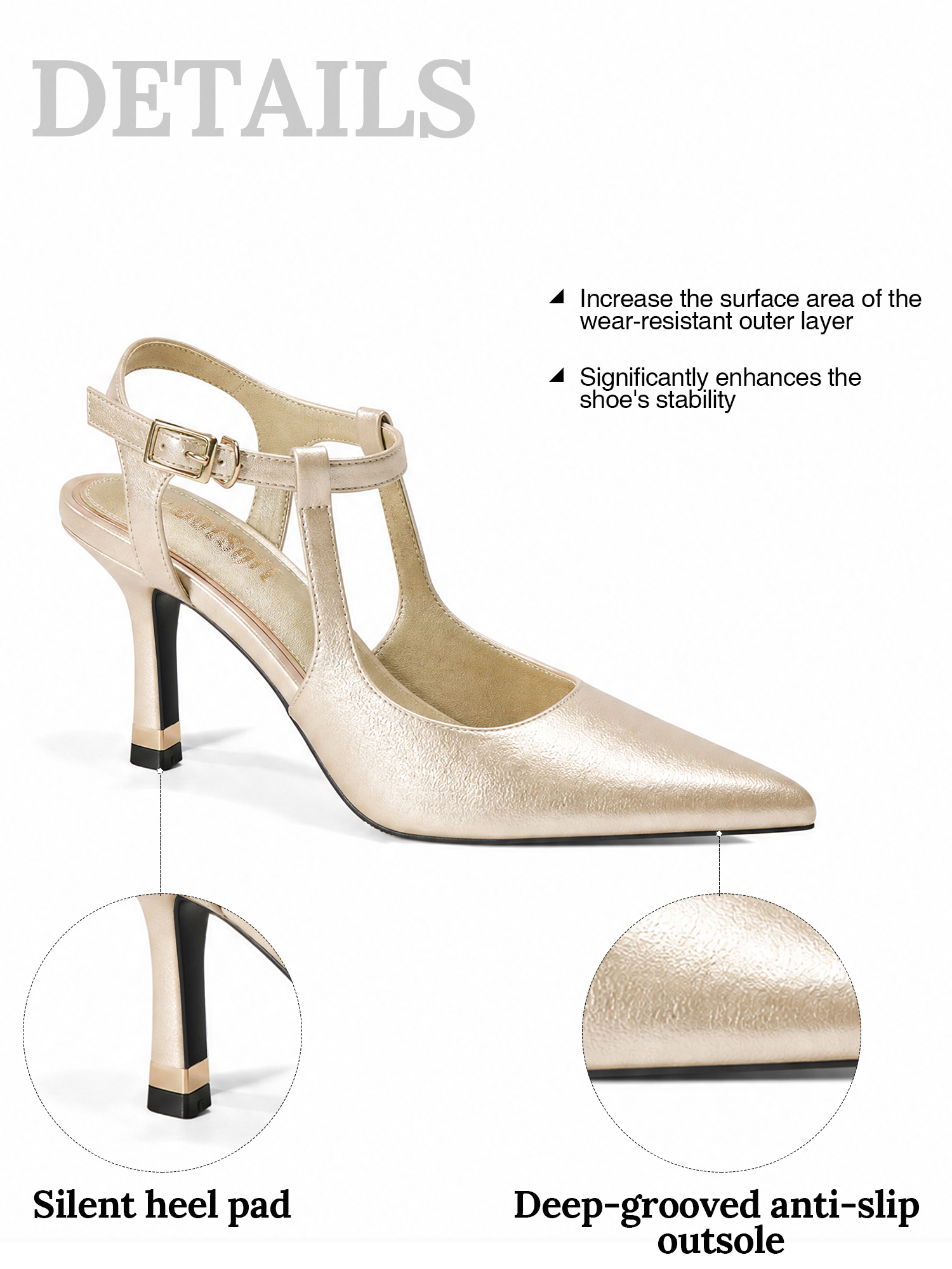 Womens Slingback Pointed Toe Pumps Ankle Buckle Strap Stiletto Dress Heels Gold heel trim, adjustable buckle ankle strap, ideal for office, weddings, dates and formal evening wear
