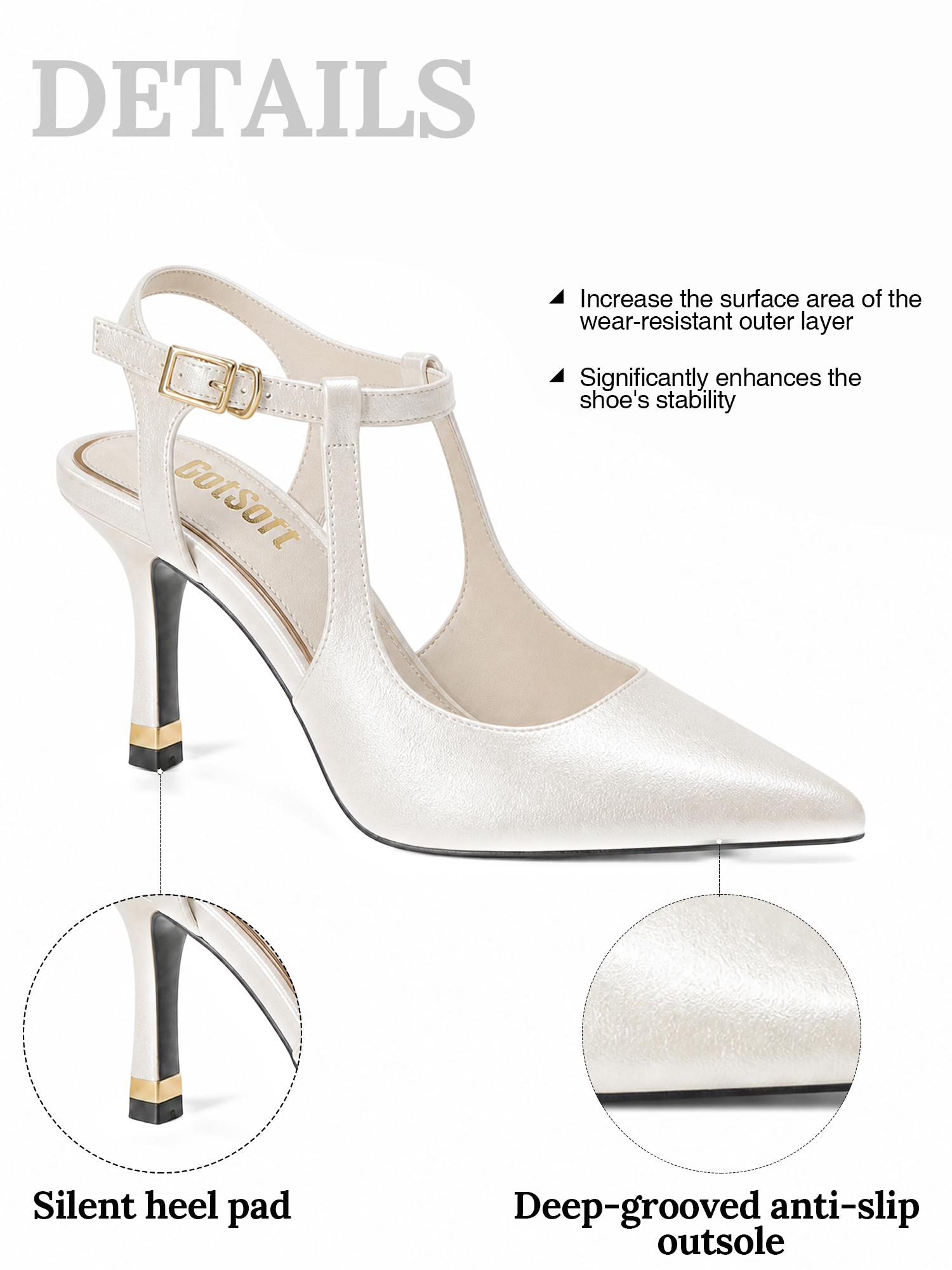 Womens Slingback Pointed Toe Pumps Ankle Buckle Strap Stiletto Dress Heels Gold heel trim, adjustable buckle ankle strap, ideal for office, weddings, dates and formal evening wear