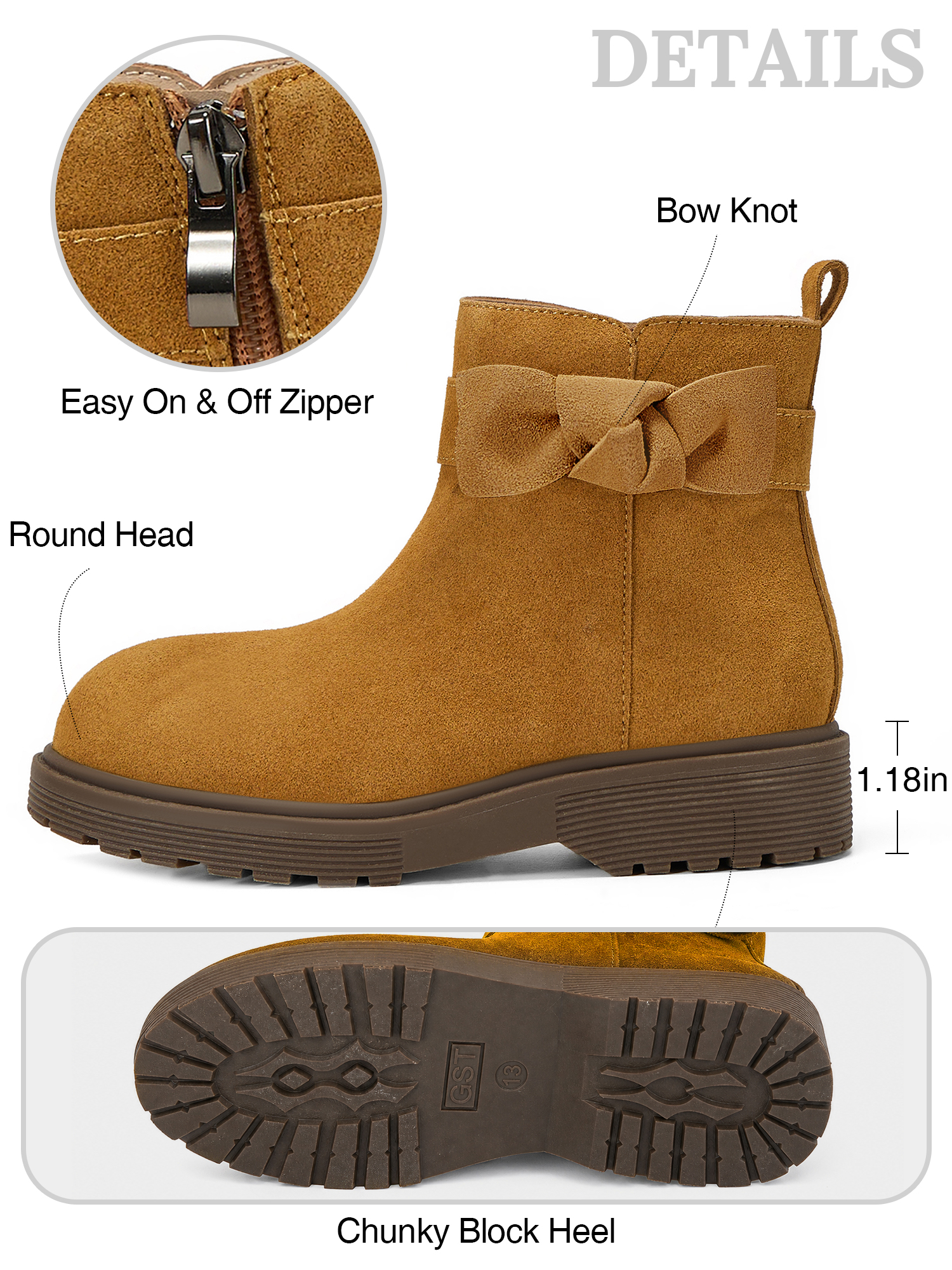 Girls Genuine Leather Ankle Boots Round Toe Side Zip Bow Fall Boots Girls Leather Ankle Boots Bow Lambskin Insole Comfy All Day Anti-slip Sole School Parties Weddings Fall Winter Daily Wear