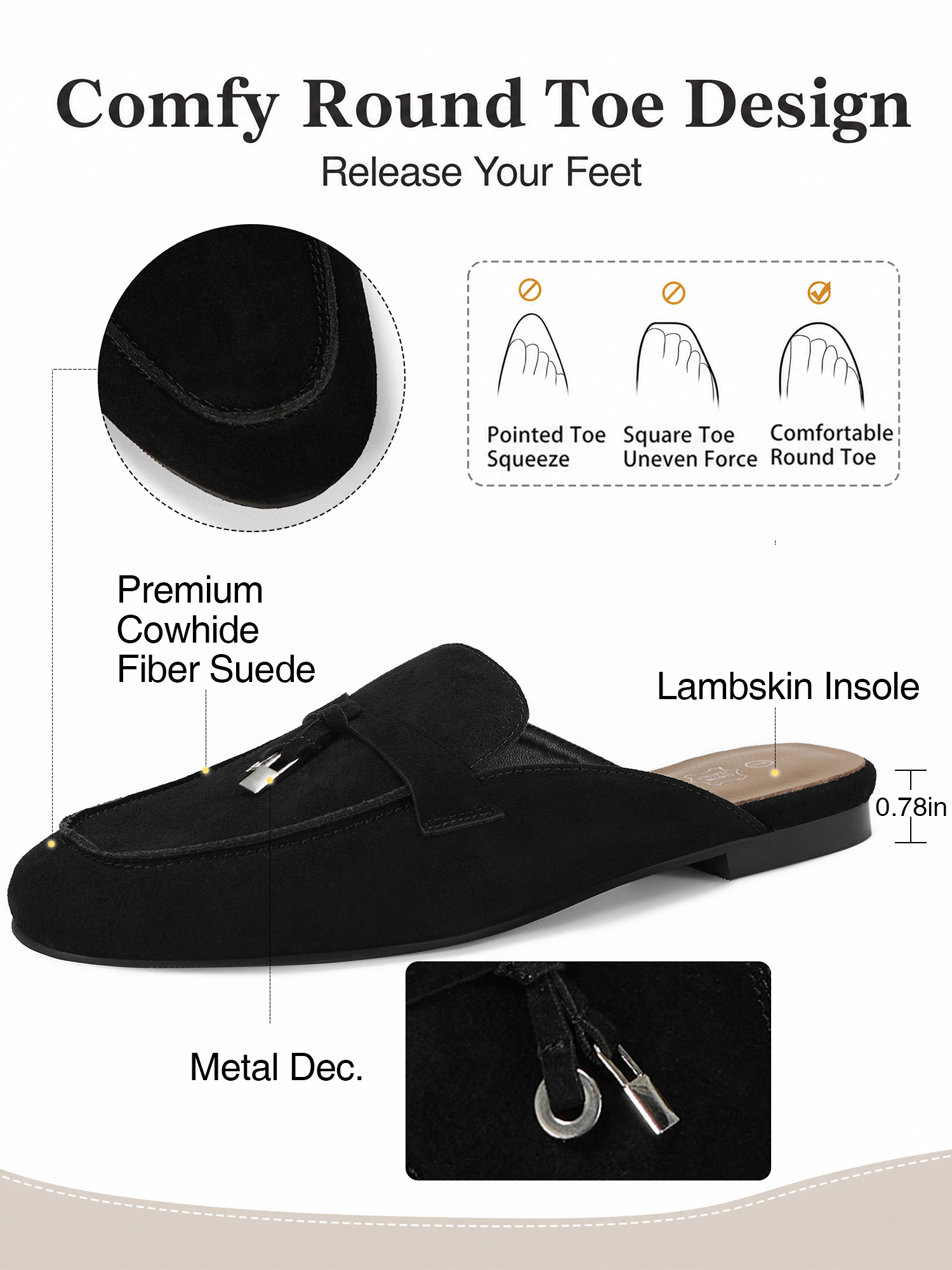 Womens Genuine Leather Flats Mules Metal Decoration Slip On Shoes Genuine Leather Flat Slides Closed Round Toe Fashion Dress Shoes for Home Office Work Go Out and Daily Wear