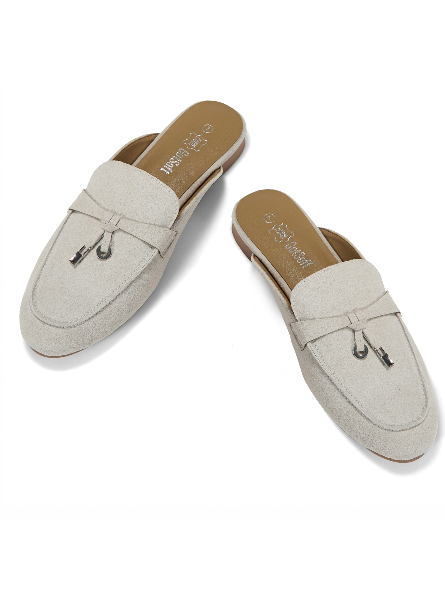Womens Genuine Leather Flats Mules Metal Decoration Slip On Shoes Genuine Leather Flat Slides Closed Round Toe Fashion Dress Shoes for Home Office Work Go Out and Daily Wear