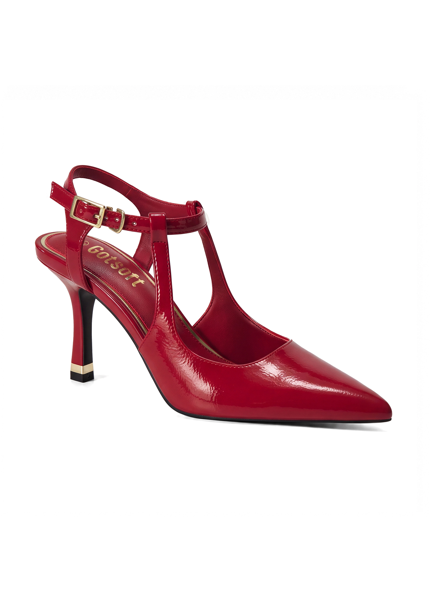 Womens Slingback Pointed Toe Pumps Ankle Buckle Strap Stiletto Dress Heels Gold heel trim, adjustable buckle ankle strap, ideal for office, weddings, dates and formal evening wear