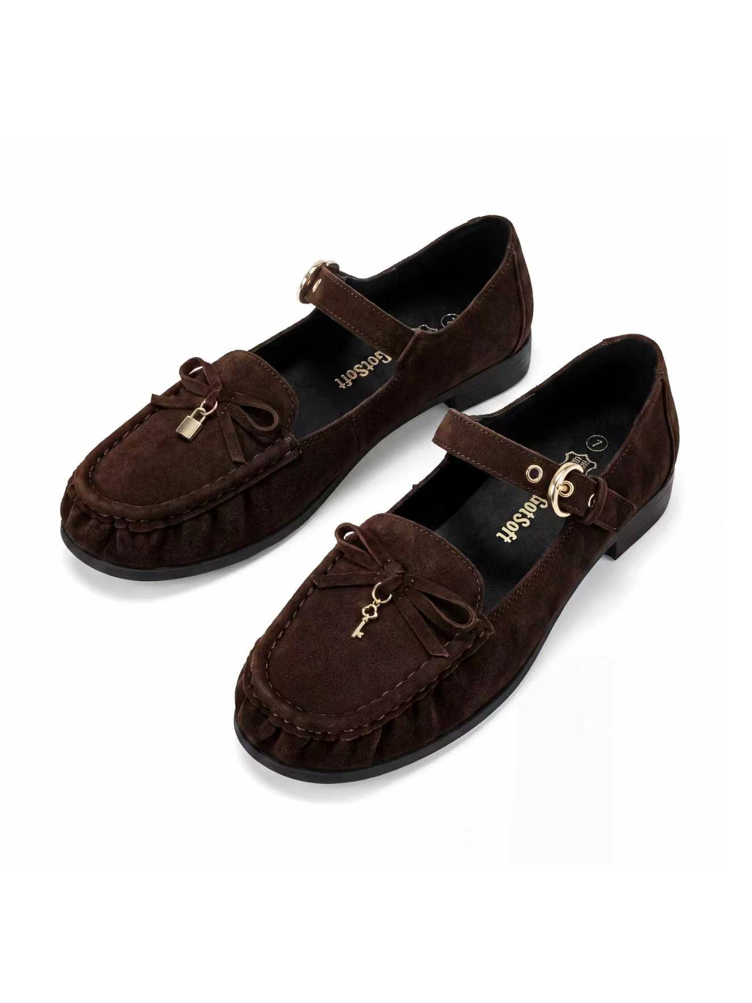 Women's Genuine Leather Loafers Bow Buckle Comfortable Dress Shoes Classic Retro Moccasin Loafer, with Lock‑Charm Decoration, Dress Shoes for Office Work Party College and Daily Wear