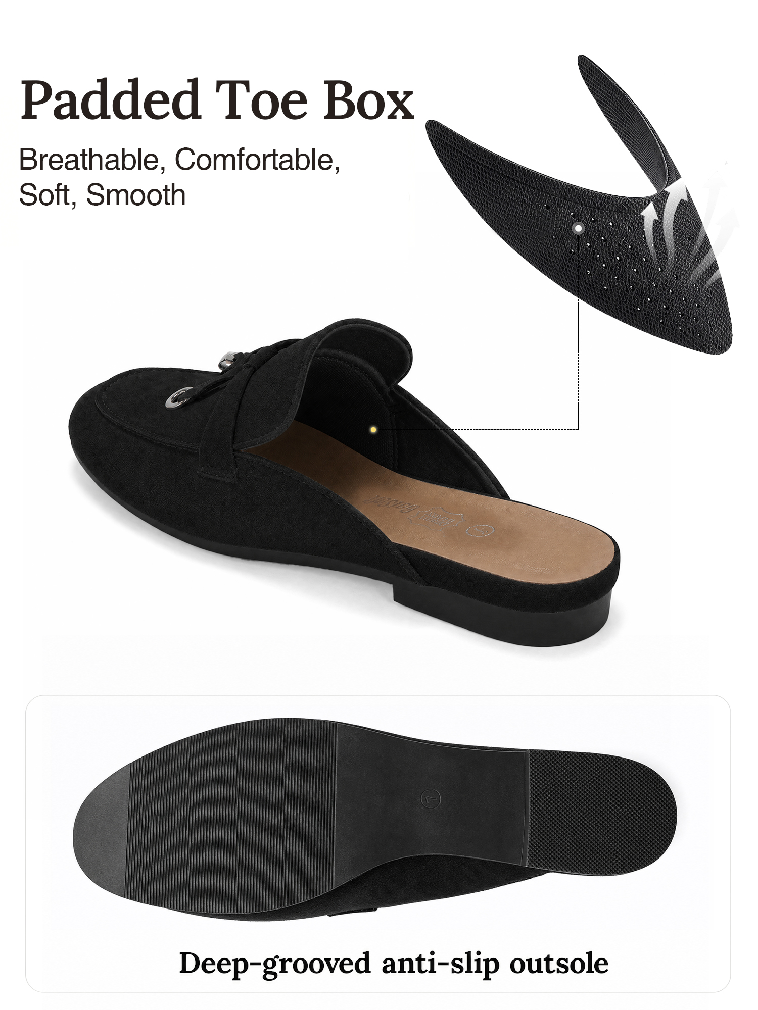 Womens Genuine Leather Flats Mules Metal Decoration Slip On Shoes Genuine Leather Flat Slides Closed Round Toe Fashion Dress Shoes for Home Office Work Go Out and Daily Wear