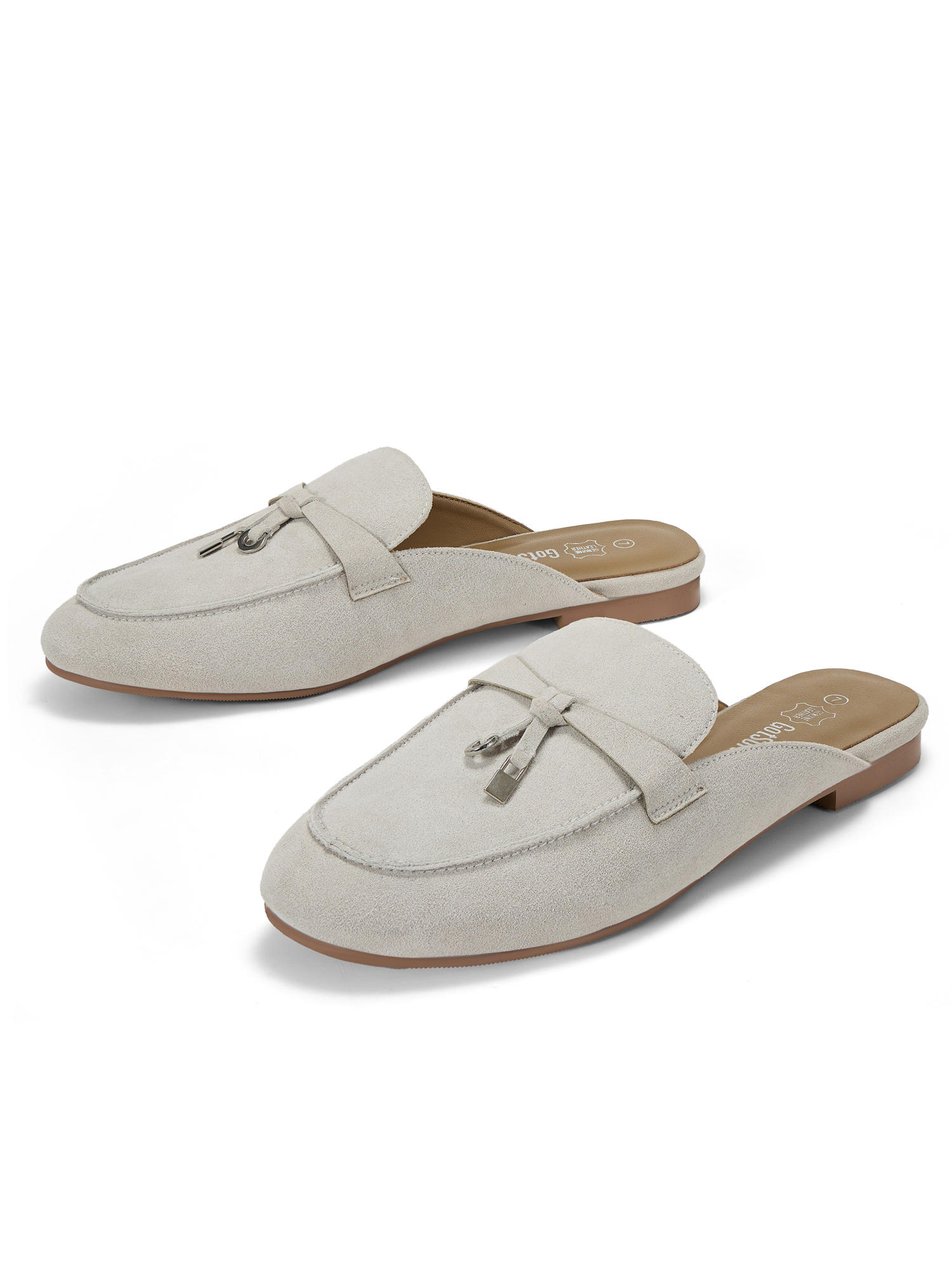 Womens Genuine Leather Flats Mules Metal Decoration Slip On Shoes Genuine Leather Flat Slides Closed Round Toe Fashion Dress Shoes for Home Office Work Go Out and Daily Wear