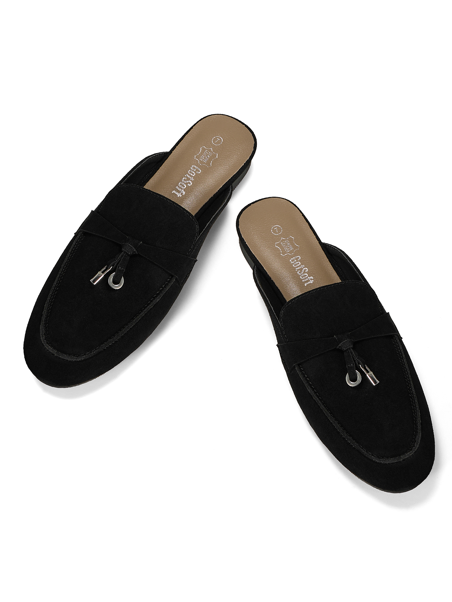 Womens Genuine Leather Flats Mules Metal Decoration Slip On Shoes Genuine Leather Flat Slides Closed Round Toe Fashion Dress Shoes for Home Office Work Go Out and Daily Wear
