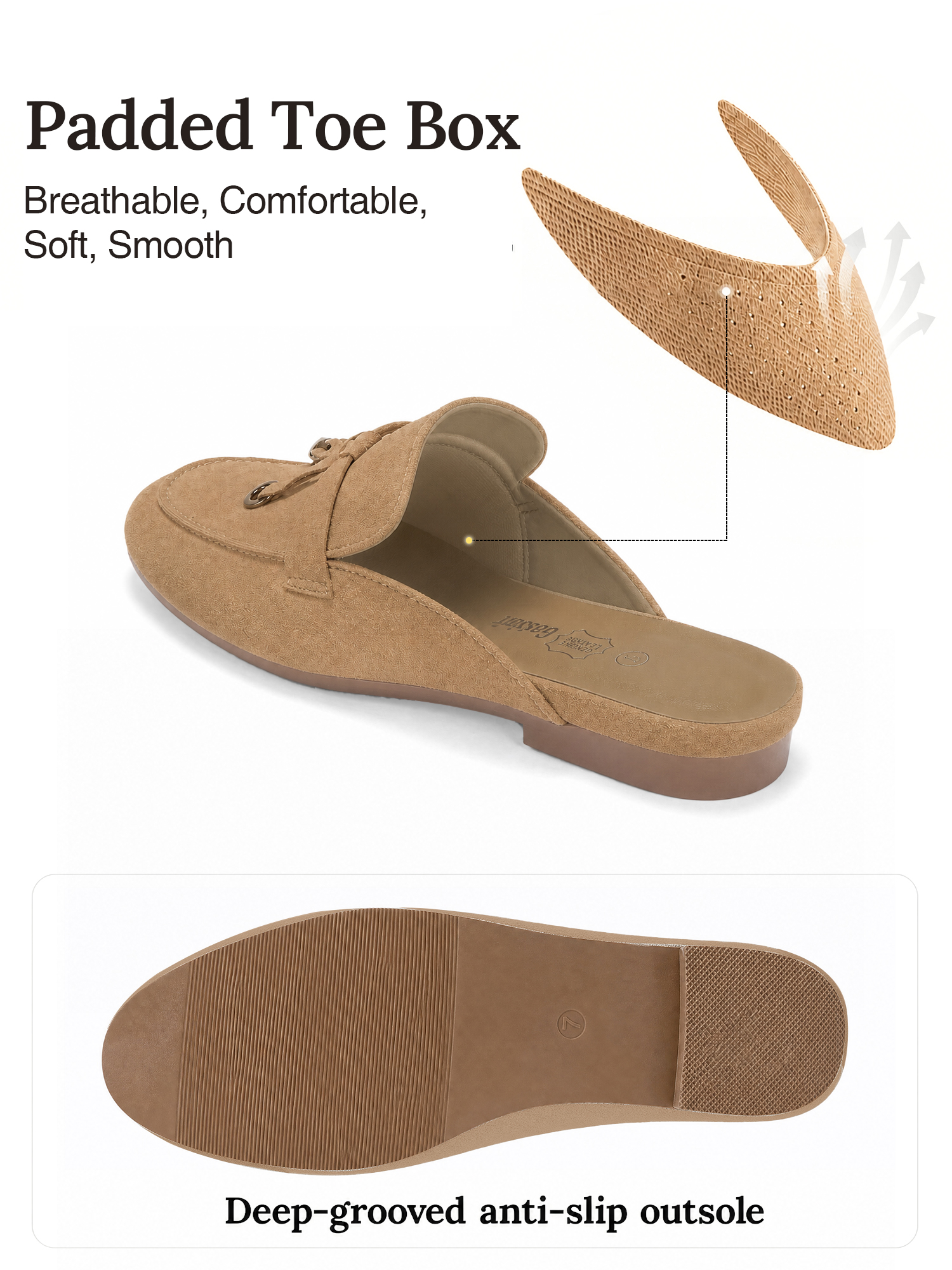 Womens Genuine Leather Flats Mules Metal Decoration Slip On Shoes Genuine Leather Flat Slides Closed Round Toe Fashion Dress Shoes for Home Office Work Go Out and Daily Wear