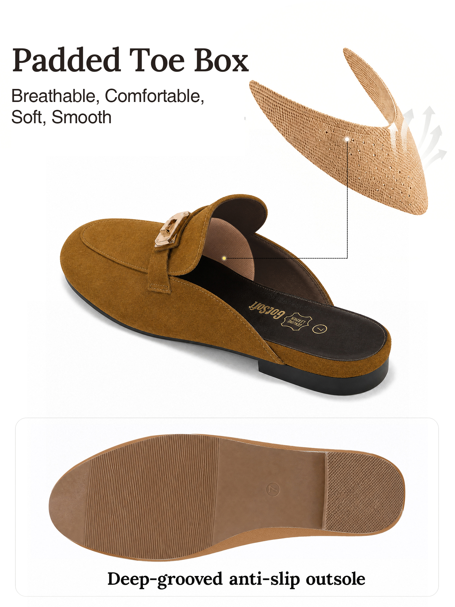 Womens Genuine Leather Mules Metal Buckle Backless Slip On Flats Chic Backless Mule Loafers with Stylish Metal Buckle, Soft Lambskin Insole, Ideal for Office, Casual Trips & Daily Wear