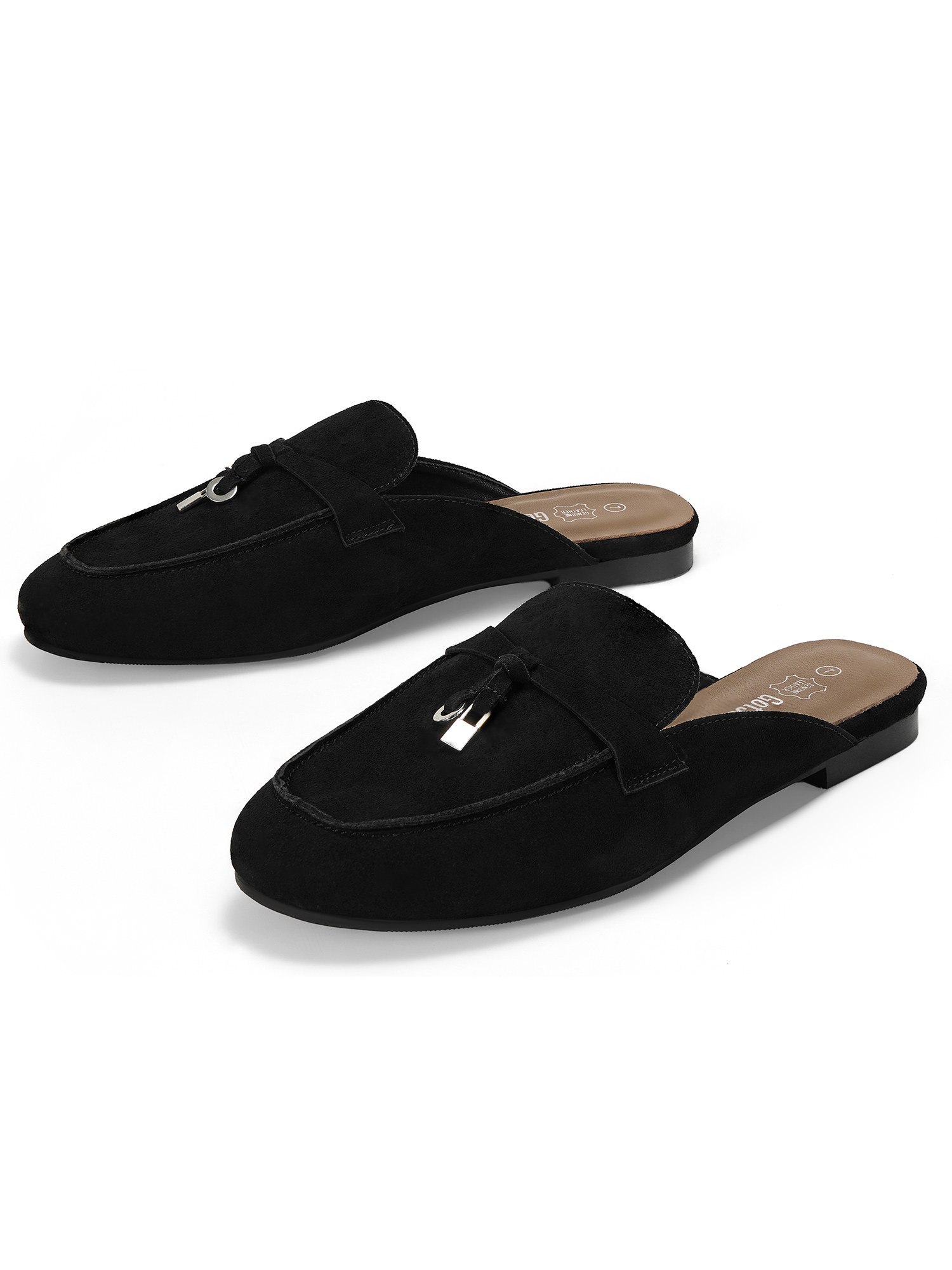 Womens Genuine Leather Flats Mules Metal Decoration Slip On Shoes Genuine Leather Flat Slides Closed Round Toe Fashion Dress Shoes for Home Office Work Go Out and Daily Wear