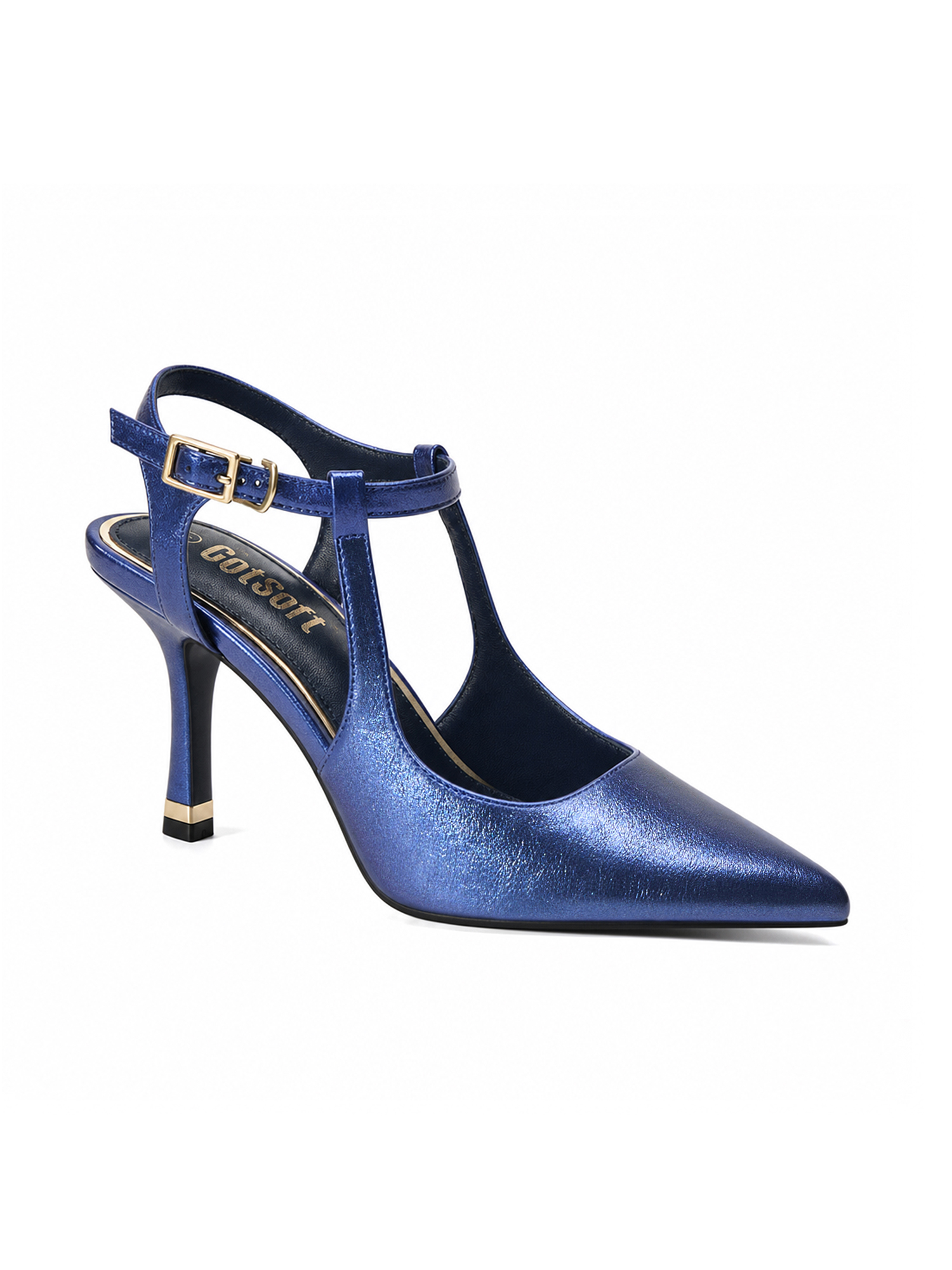 Womens Slingback Pointed Toe Pumps Ankle Buckle Strap Stiletto Dress Heels Gold heel trim, adjustable buckle ankle strap, ideal for office, weddings, dates and formal evening wear