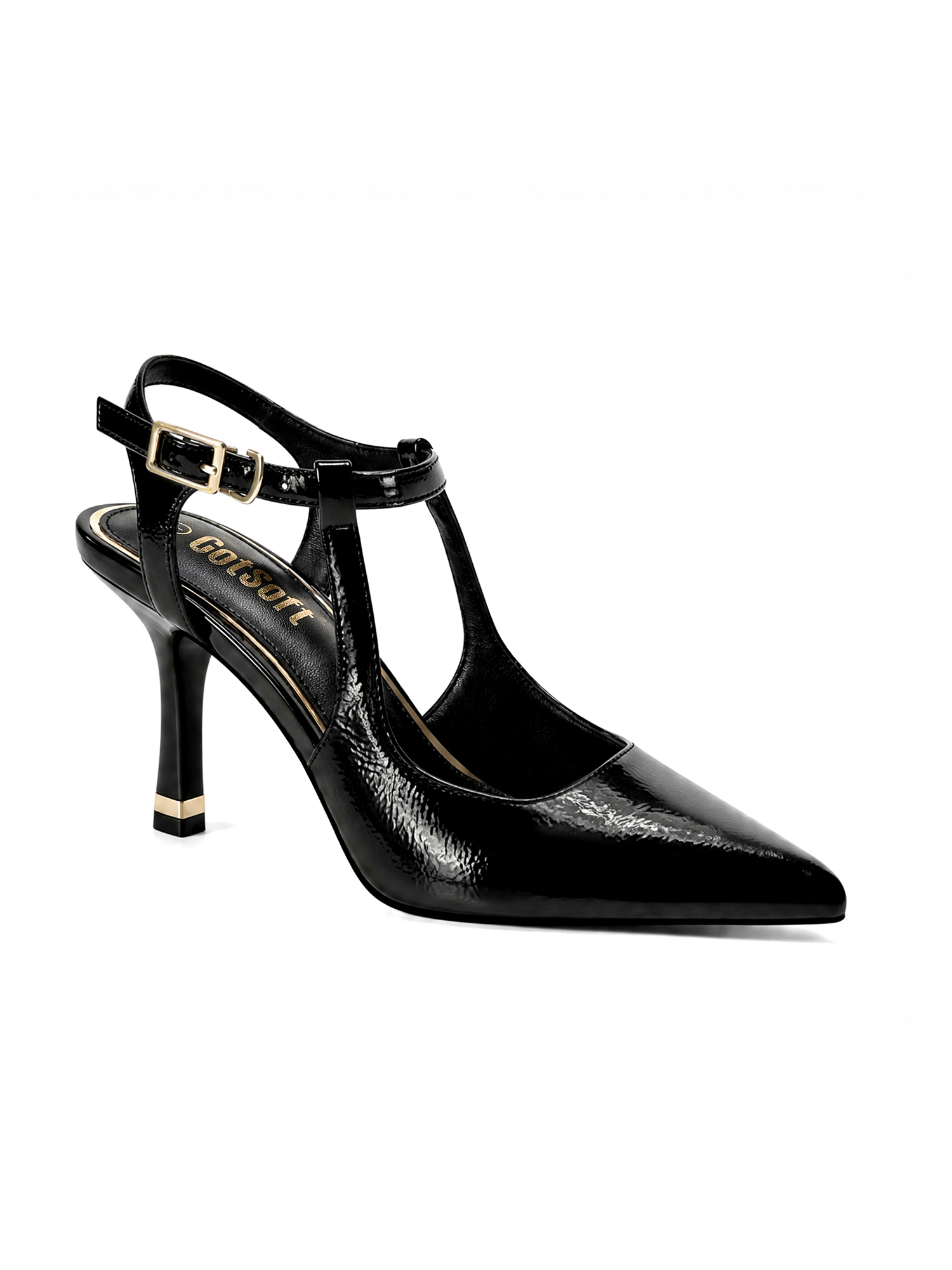 Womens Slingback Pointed Toe Pumps Ankle Buckle Strap Stiletto Dress Heels Gold heel trim, adjustable buckle ankle strap, ideal for office, weddings, dates and formal evening wear