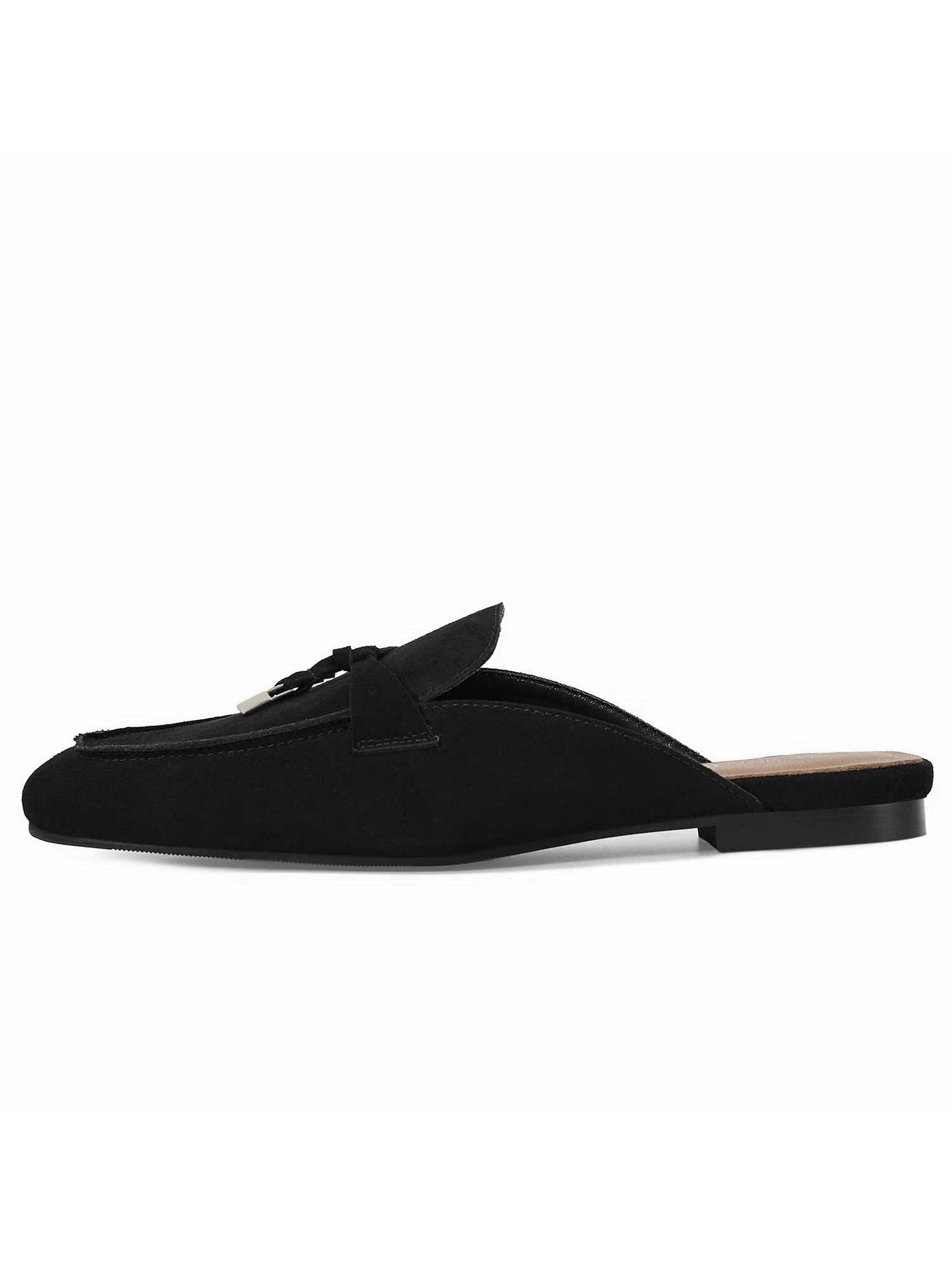 Womens Genuine Leather Flats Mules Metal Decoration Slip On Shoes Genuine Leather Flat Slides Closed Round Toe Fashion Dress Shoes for Home Office Work Go Out and Daily Wear