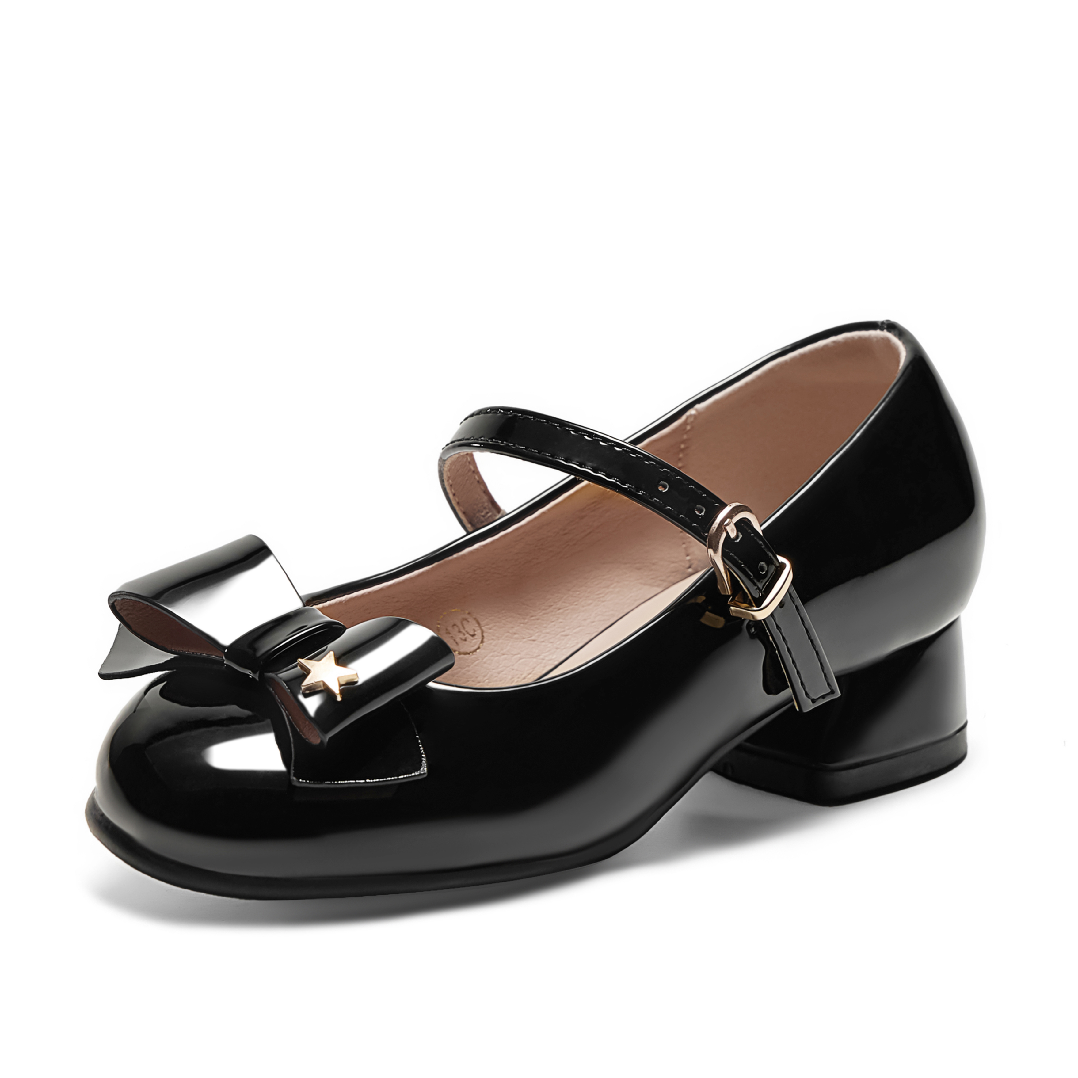 Girls Lambskin Insole Low Heels Mary Jane Ankle Strap Dress Shoes Dress Flats with Ankle Buckle, Bow with Star Detail, Fit Toddler, Little & Big Kid for Wedding, Party and School Daily Wear