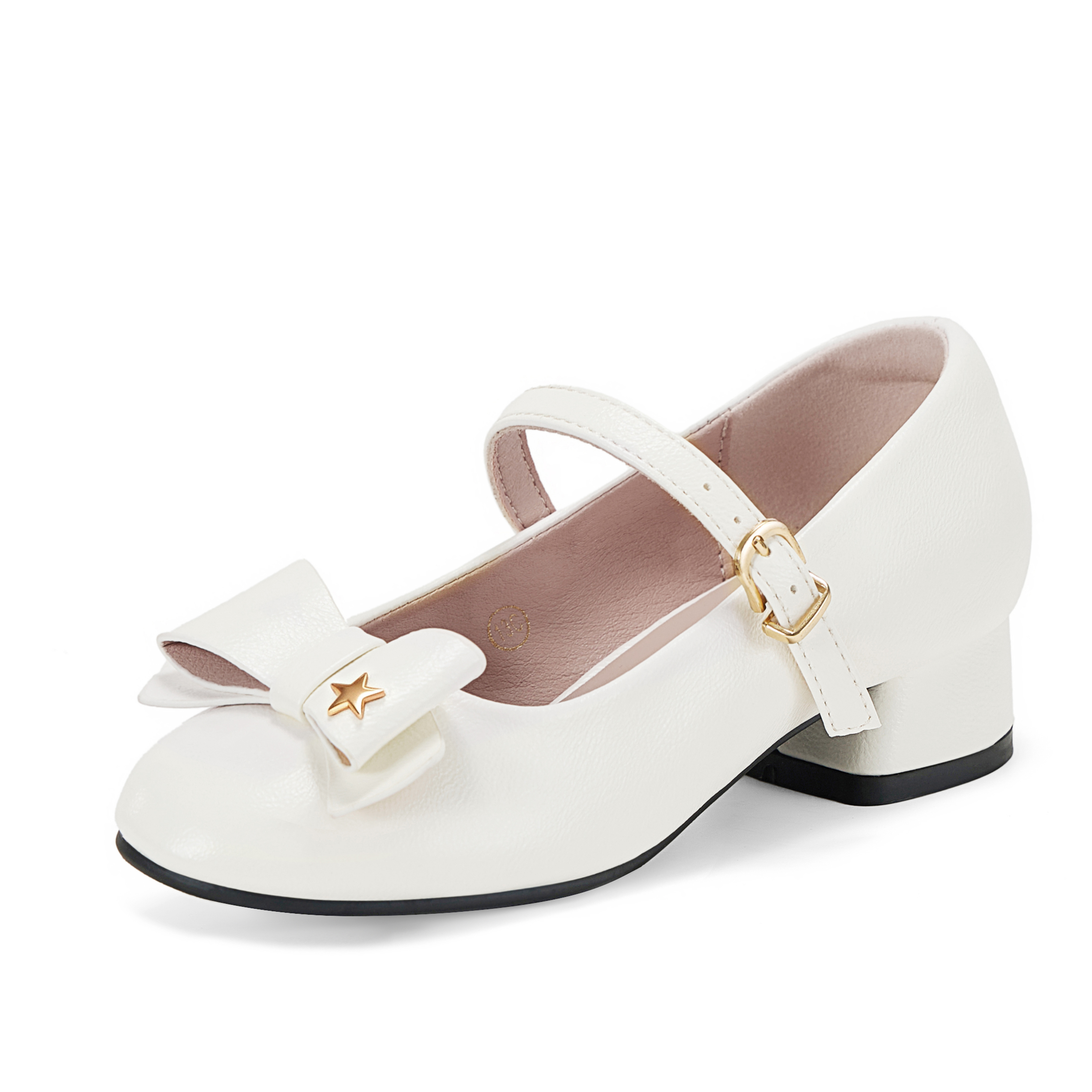 Girls Lambskin Insole Low Heels Mary Jane Ankle Strap Dress Shoes Dress Flats with Ankle Buckle, Bow with Star Detail, Fit Toddler, Little & Big Kid for Wedding, Party and School Daily Wear