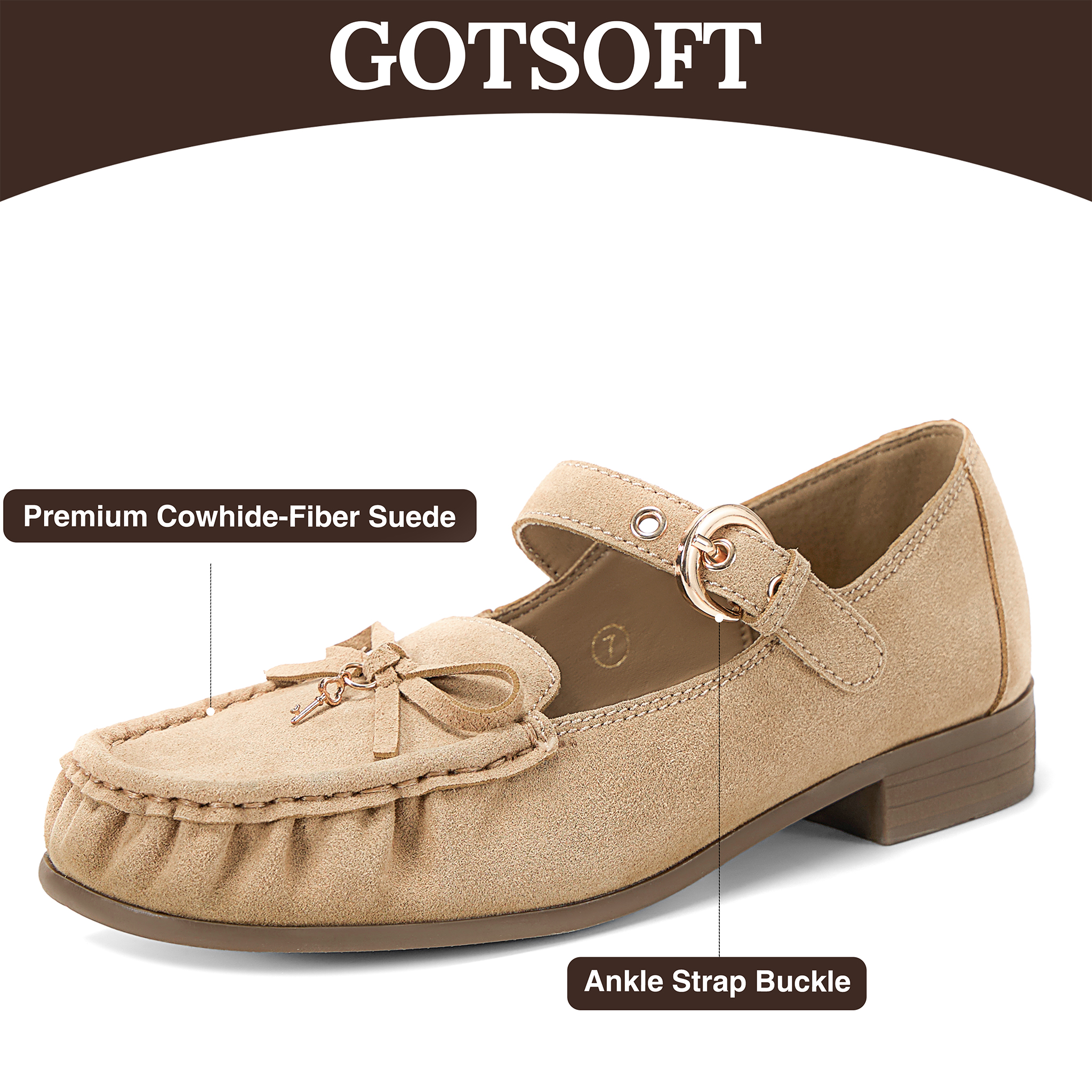 Women's Genuine Leather Loafers Bow Buckle Comfortable Dress Shoes Classic Retro Moccasin Loafer, with Lock‑Charm Decoration, Dress Shoes for Office Work Party College and Daily Wear