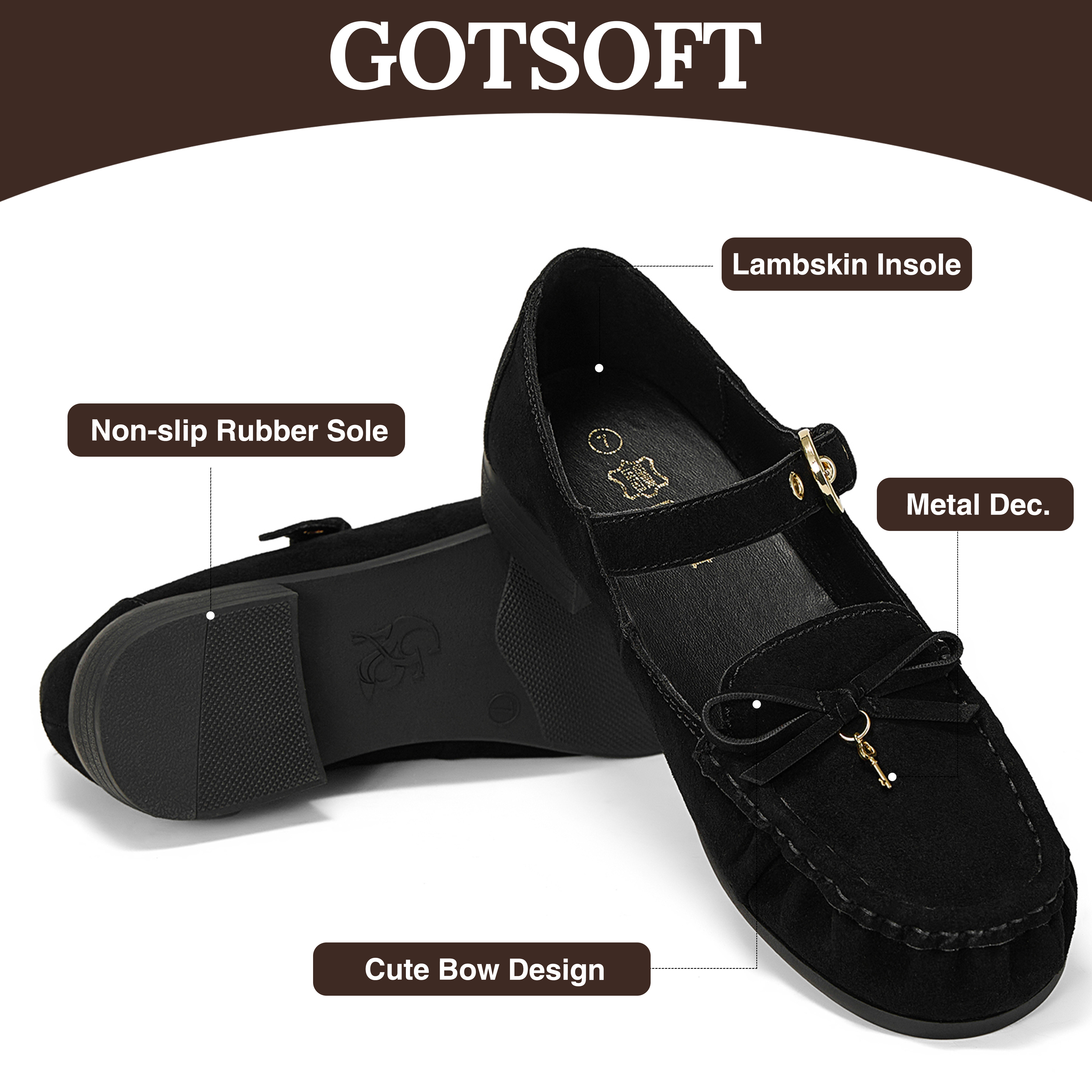 Women's Genuine Leather Loafers Bow Buckle Comfortable Dress Shoes Classic Retro Moccasin Loafer, with Lock‑Charm Decoration, Dress Shoes for Office Work Party College and Daily Wear