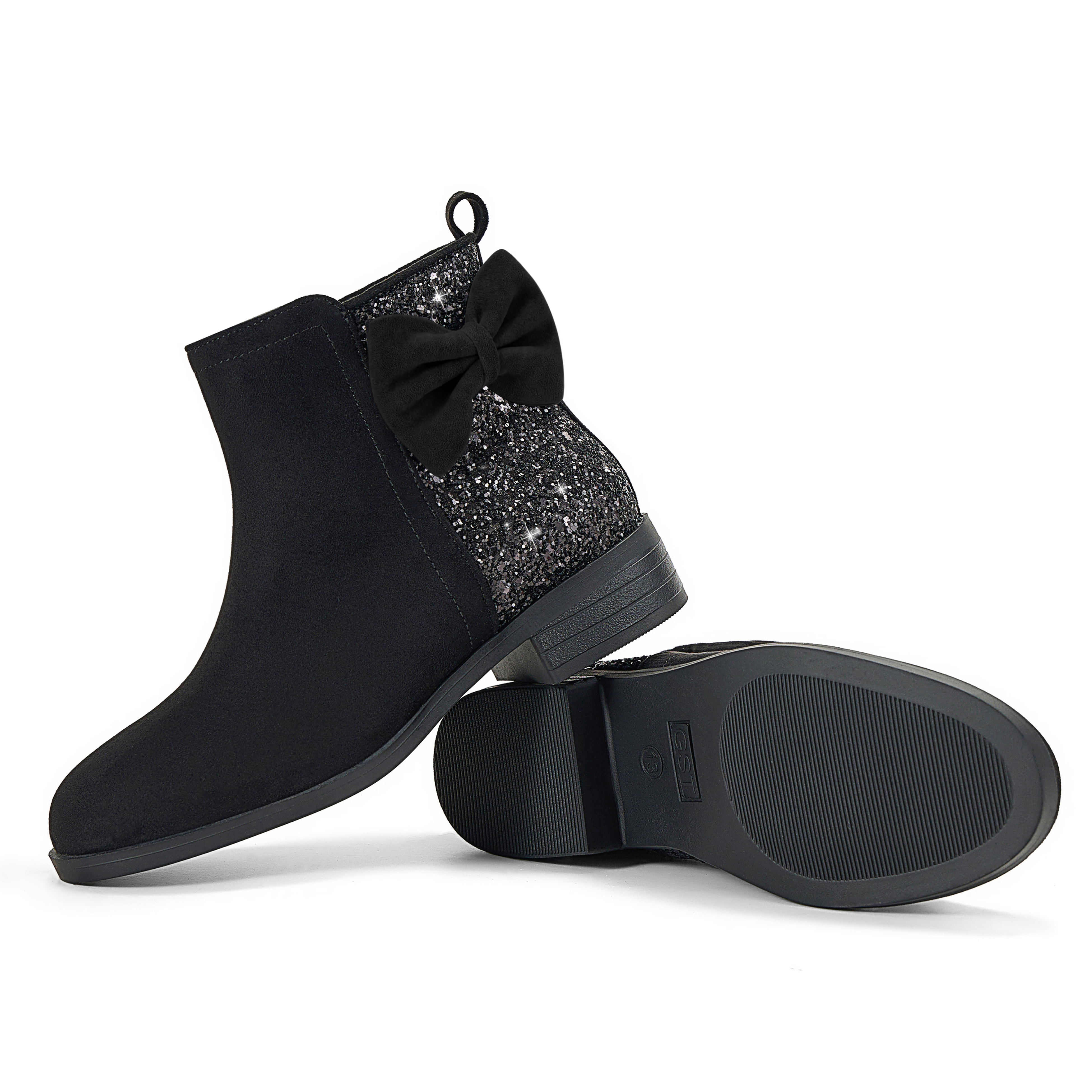 Girls Bow Glitter Ankle Boots Side Zipper Low Heel Dress Shoes | Cute Bow Knot Booties Low Chunky Heel Comfortable School Shoes for Little Big Kid
