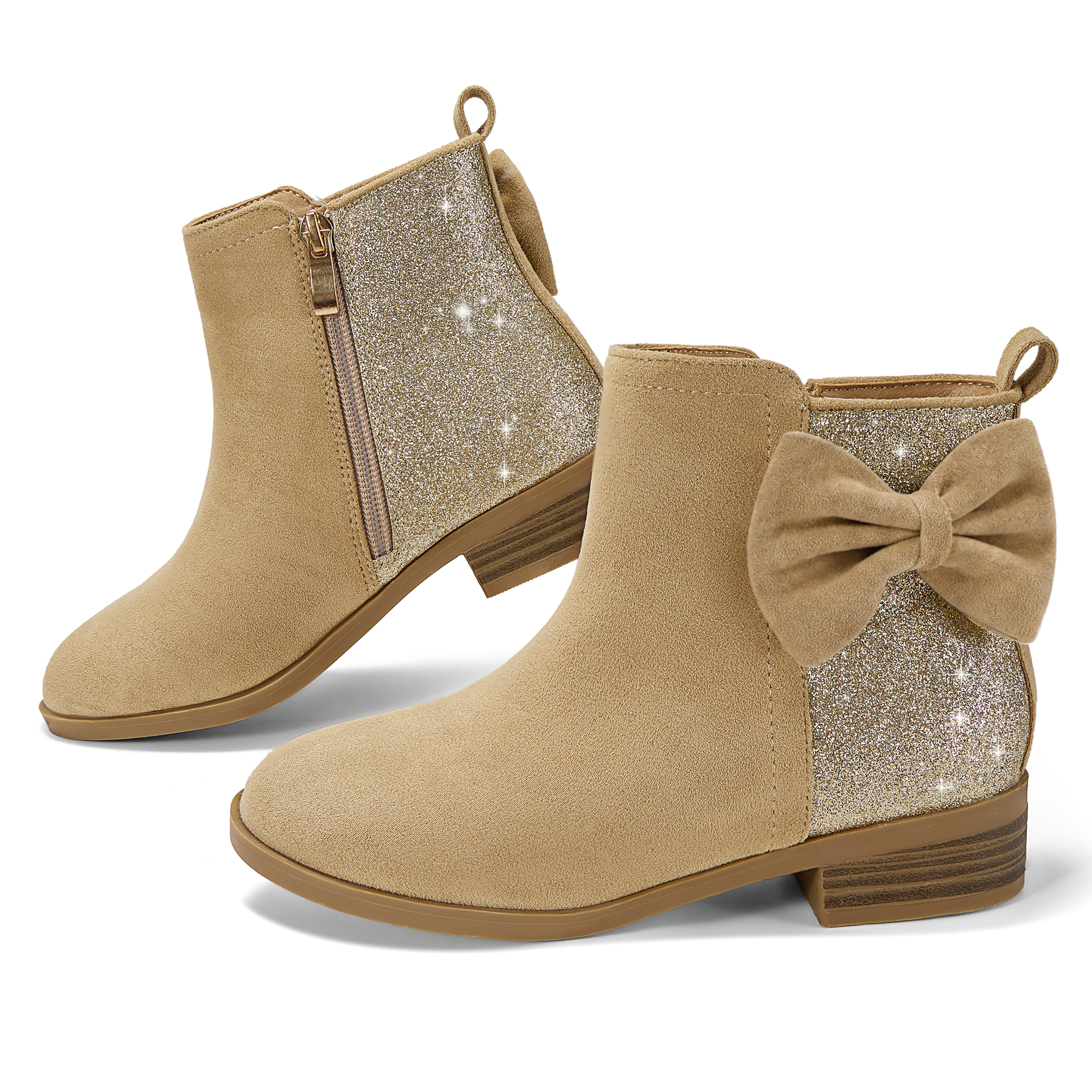 Girls Bow Glitter Ankle Boots Side Zipper Low Heel Dress Shoes | Cute Bow Knot Booties Low Chunky Heel Comfortable School Shoes for Little Big Kid