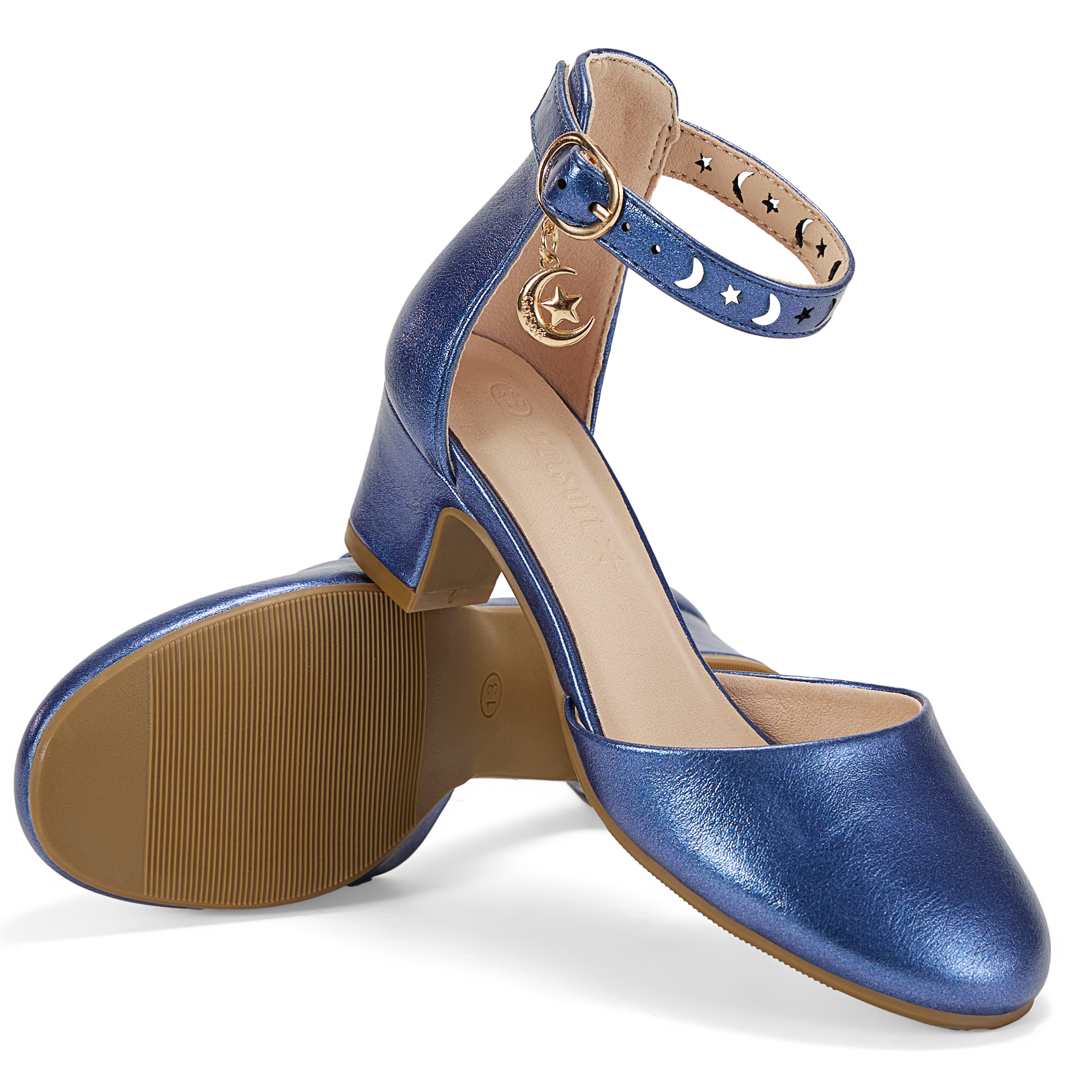 Girls Dress Shoes Ankle Strap Mary Jane Closed Round Toe Pumps Cute Pendant Block Chunky Heels Wedding Party School Birthday Shoes for Little Big Girl