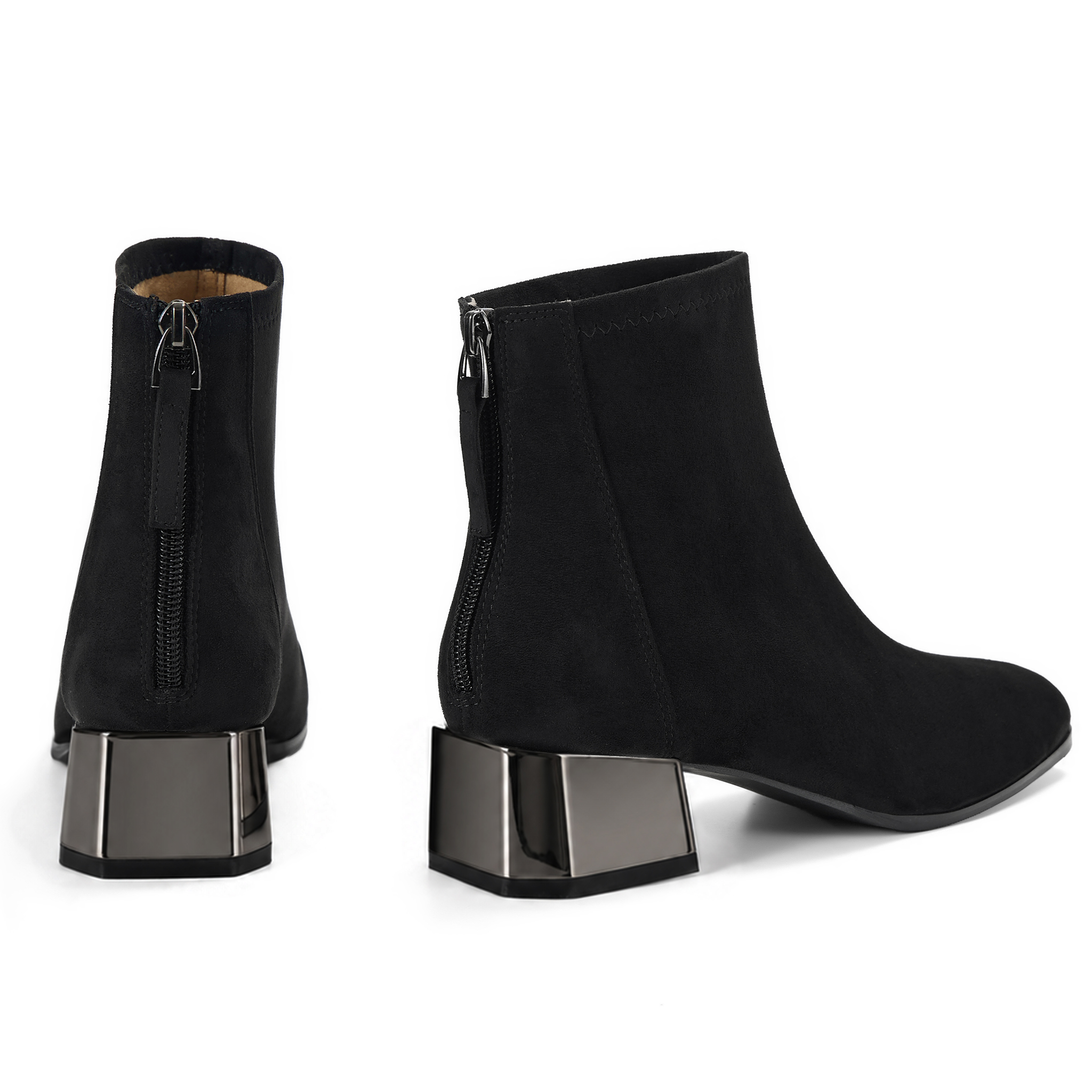 Womens Lambskin Insole Square Toe Ankle Boots Back Zip Plated Heel Modern Rear-zip Ankle Boots with Electroplated Block Heel, Ideal for Office, Dates, Parties & Autumn Daily Wear