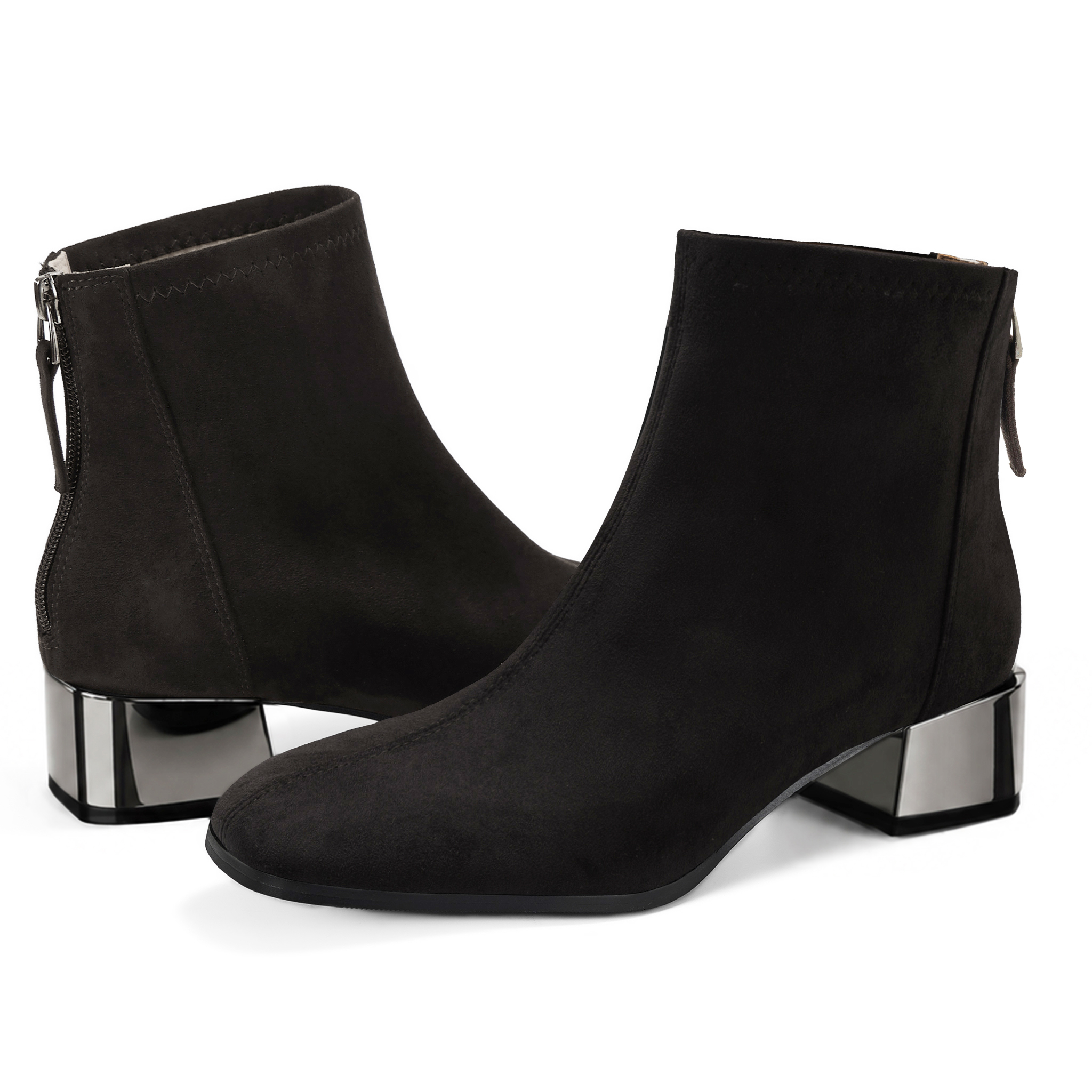 Womens Lambskin Insole Square Toe Ankle Boots Back Zip Plated Heel Modern Rear-zip Ankle Boots with Electroplated Block Heel, Ideal for Office, Dates, Parties & Autumn Daily Wear