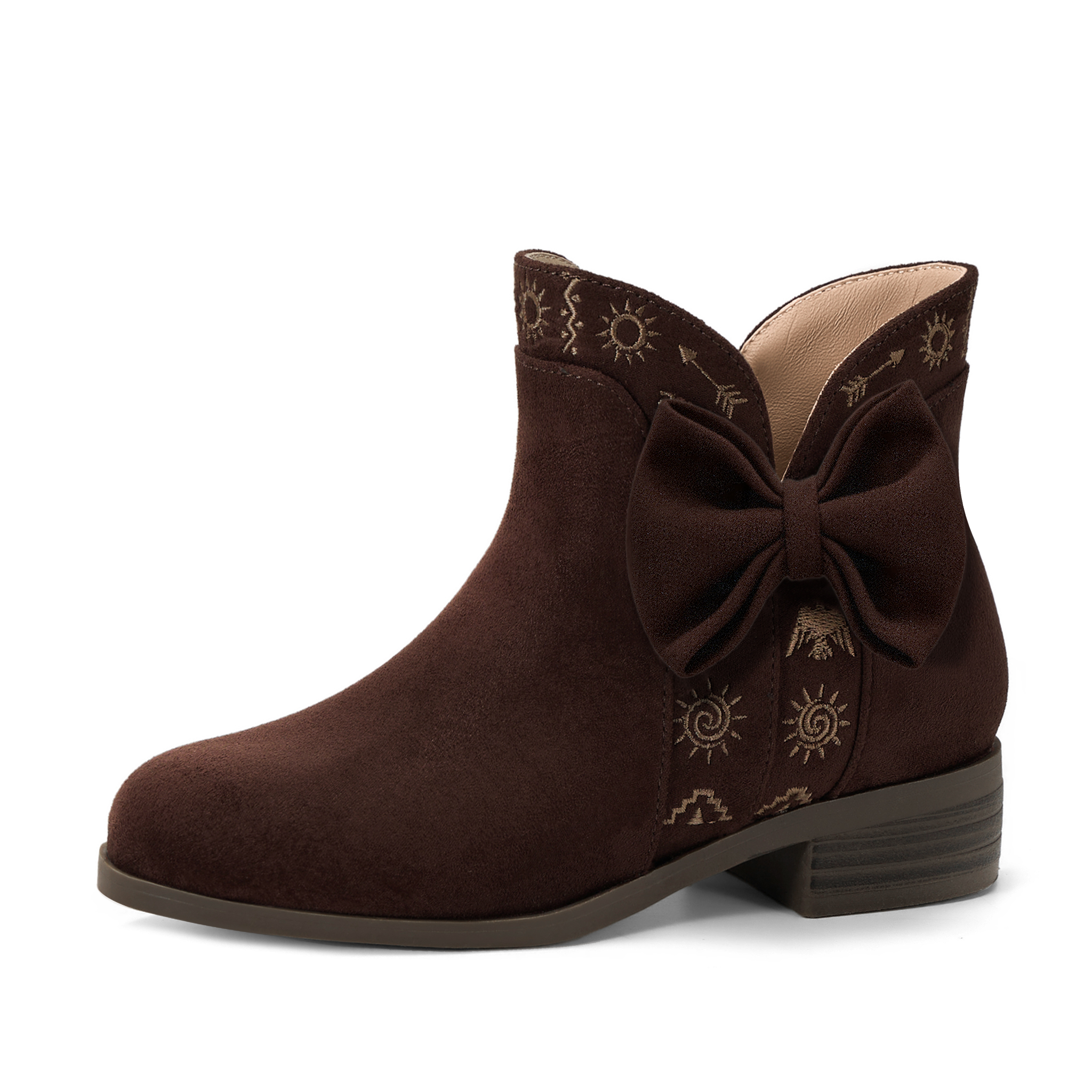 Girls Lambskin Insole Ankle Boots Side Bow Low Heel Booties Shoes Cute Bow Knot Lambskin Booties Low Chunky Heel Comfortable Party School Daily Shoes for Little Big Kid