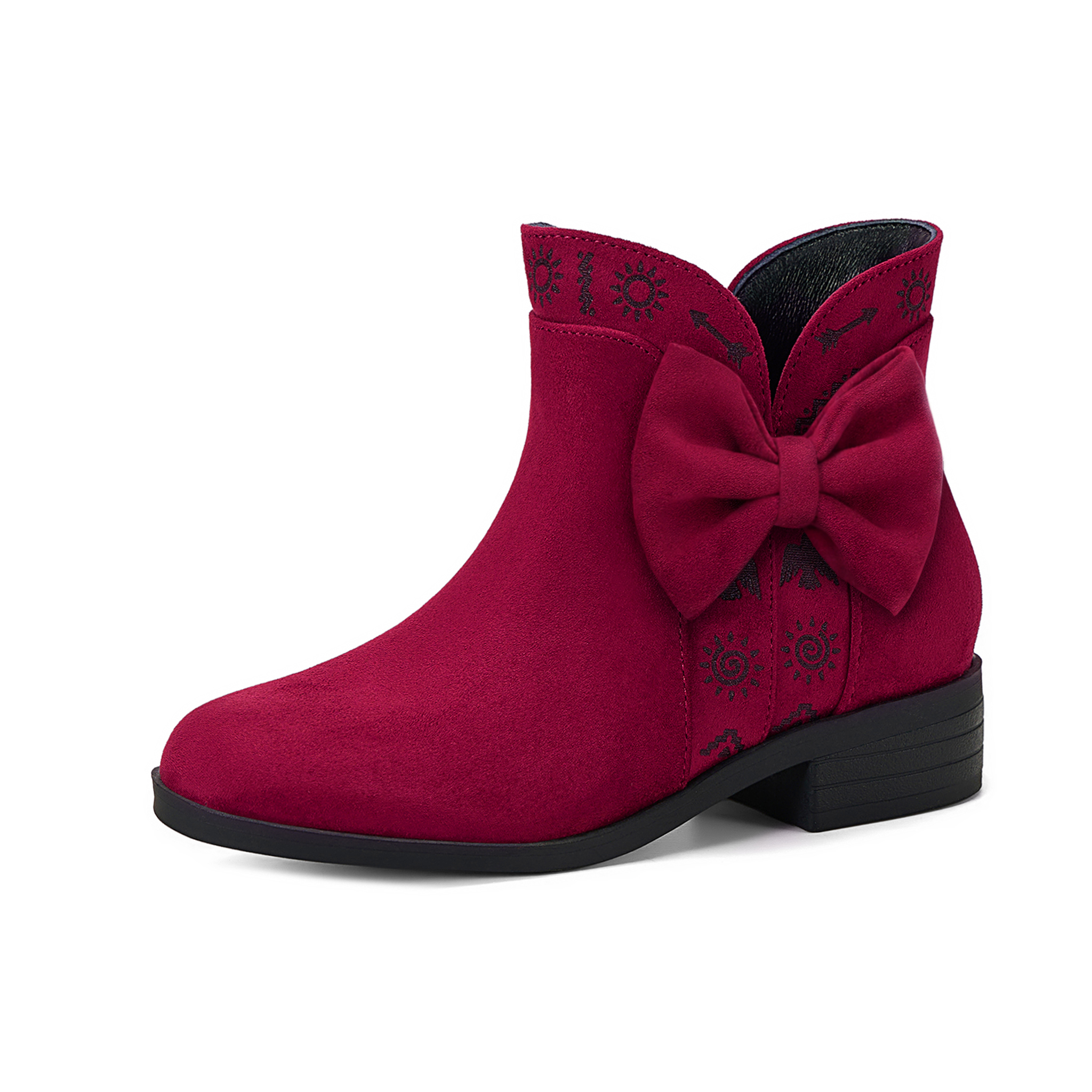 Girls Lambskin Insole Ankle Boots Side Bow Low Heel Booties Shoes Cute Bow Knot Lambskin Booties Low Chunky Heel Comfortable Party School Daily Shoes for Little Big Kid