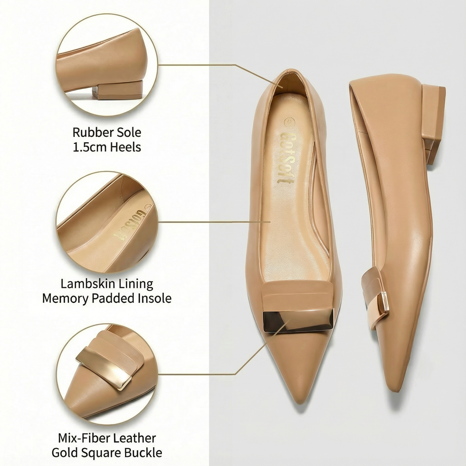 Women's Pointed Toe Metal Deco Flats Slip on Flat Comfortable Dress Shoes