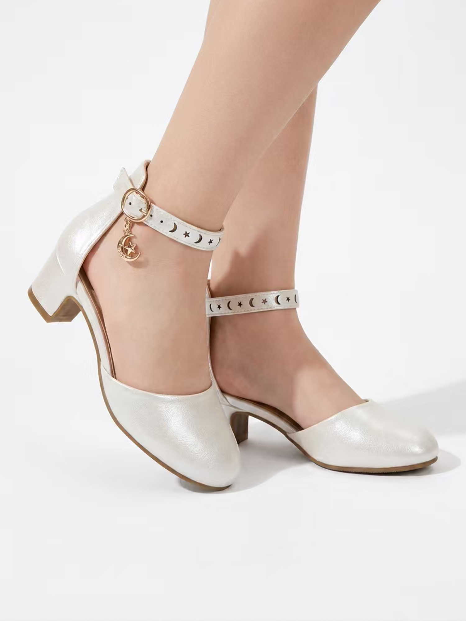 Girls Dress Shoes Ankle Strap Mary Jane Closed Round Toe Pumps Cute Pendant Block Chunky Heels Wedding Party School Birthday Shoes for Little Big Girl