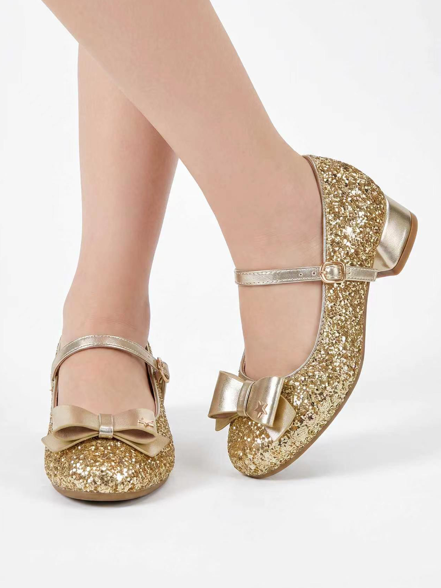 Girls Lambskin Insole Low Heels Mary Jane Ankle Strap Dress Shoes Dress Flats with Ankle Buckle, Bow with Star Detail, Fit Toddler, Little & Big Kid for Wedding, Party and School Daily Wear